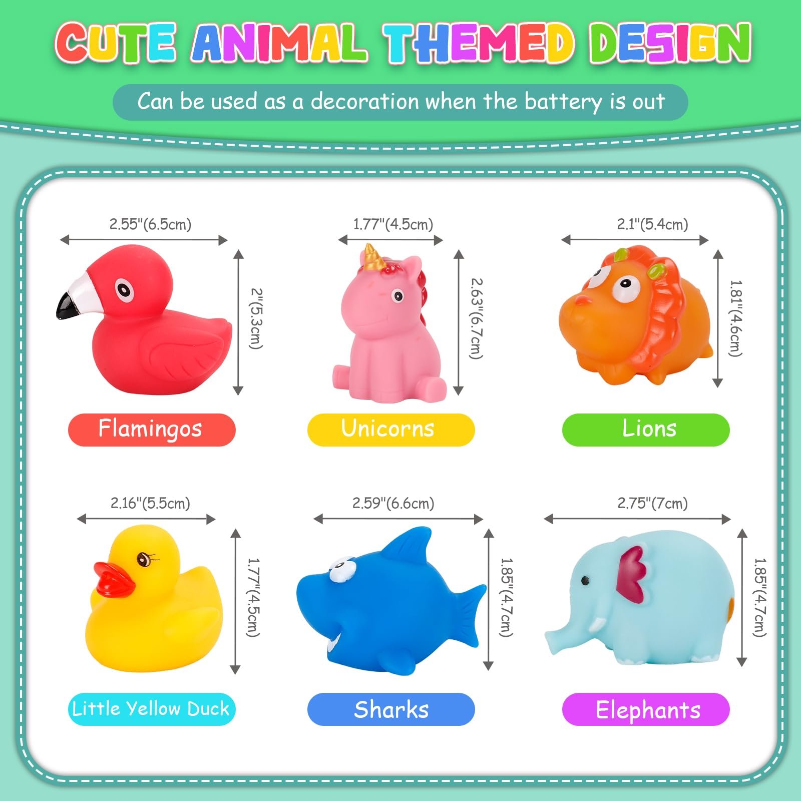 Іграшка для ванни Тварини зі світлодіодом 6 штук: Єдиноріг, Фламінго, Лев, Акула, Слон, Качка, фото №6