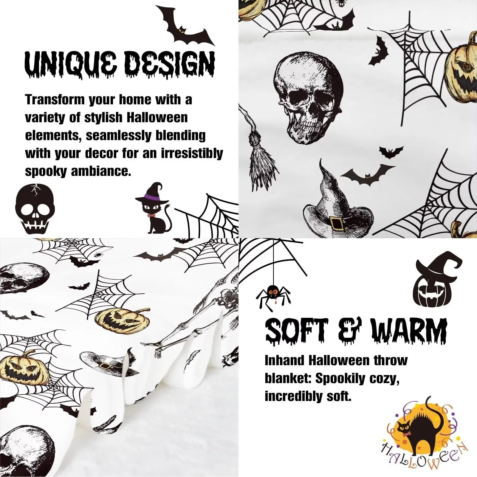 Одеяло KEPMOV Halloween, фланелевое, с принтом черепа, ведьмы, паутины, тыквы, 130 x 150 см, фото №4