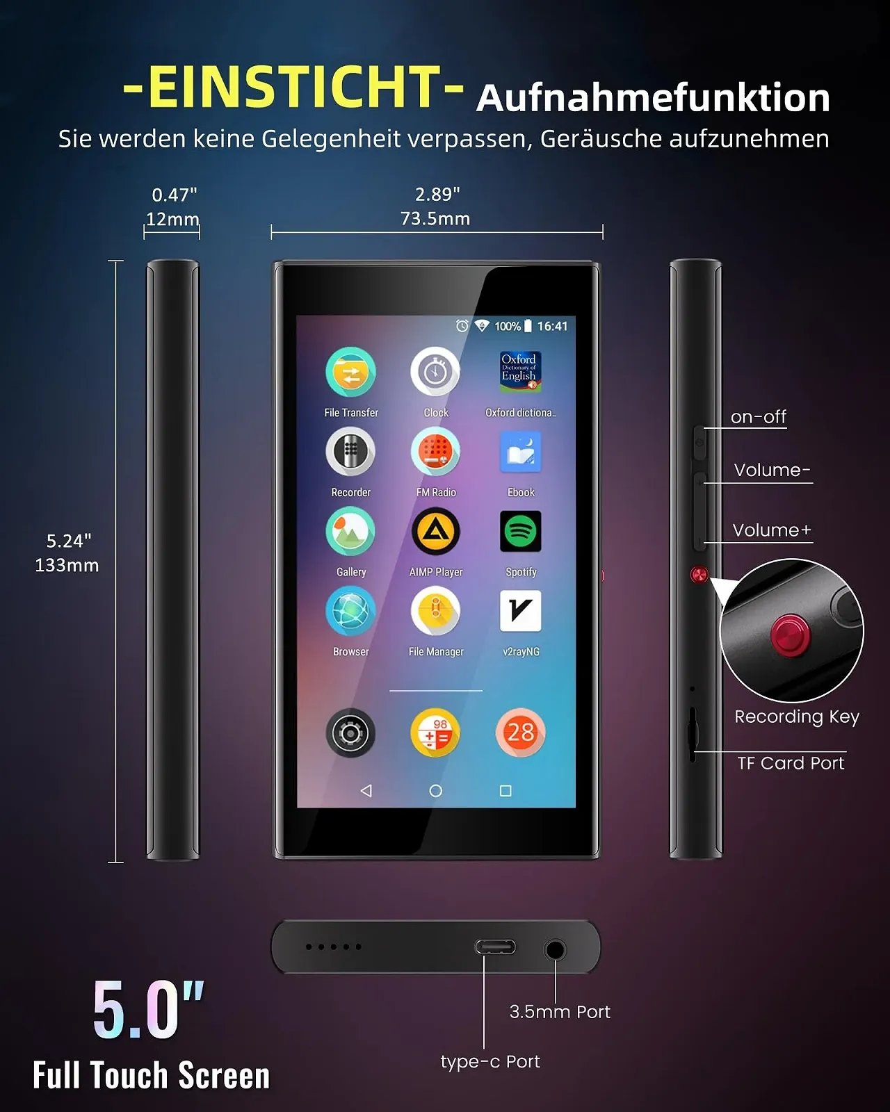 MP3-плеер Pecsu G5 128GB Bluetooth, WiFi, 5-дюймовый сенсорный экран Android 14, Черный, фото №7