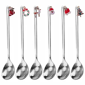 Набор из 6 Рождественских Ложек, Рождественские Кофейные Ложки, Нержавеющая Сталь, Рождественский Декор для Торта/Десерта/Кофе/Чая/Украшения Стола (Серебро) - Фото 1