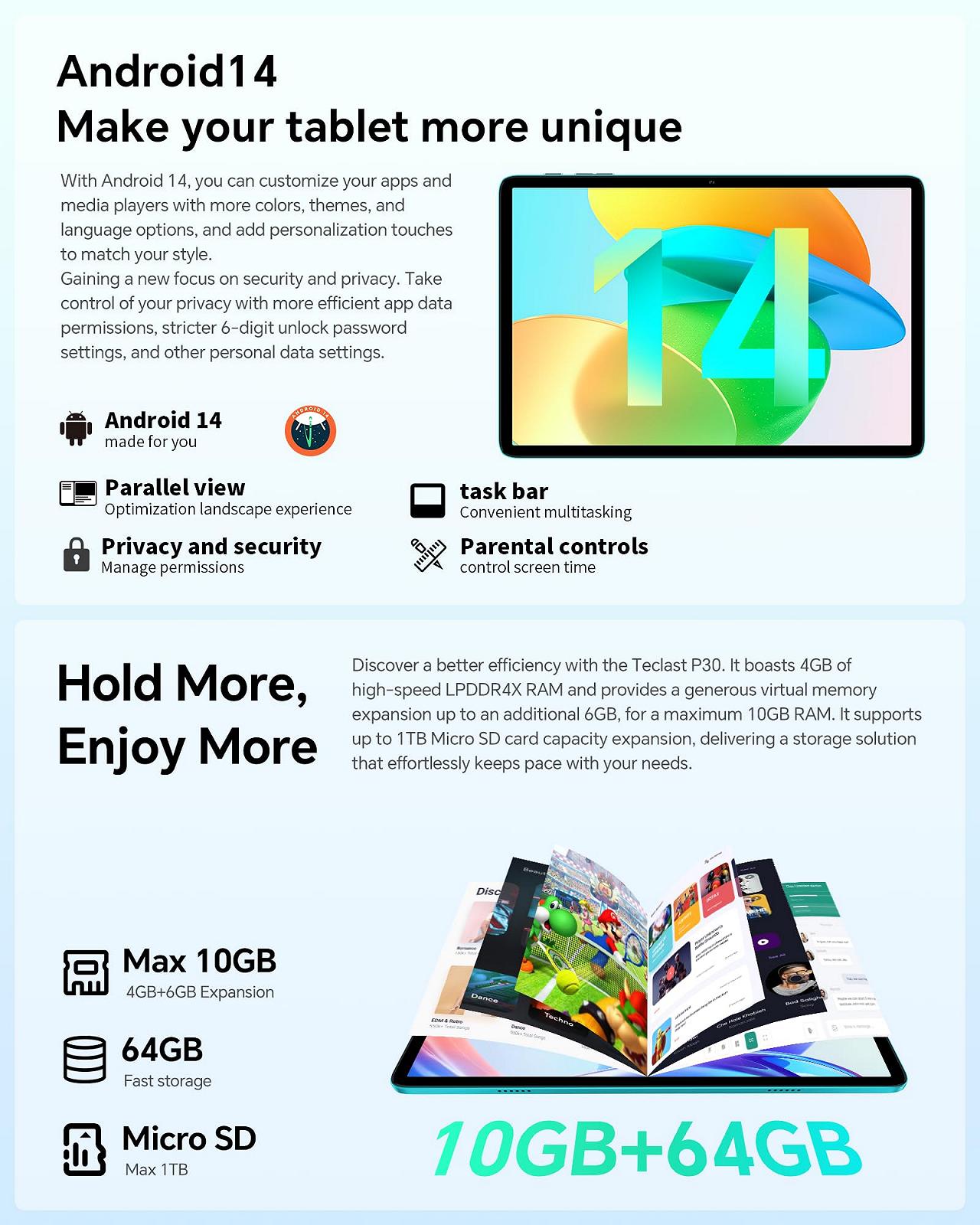Планшет TECLAST P30 Android 14 10-дюймовий 10GB RAM + 64GB ROM, фото №3