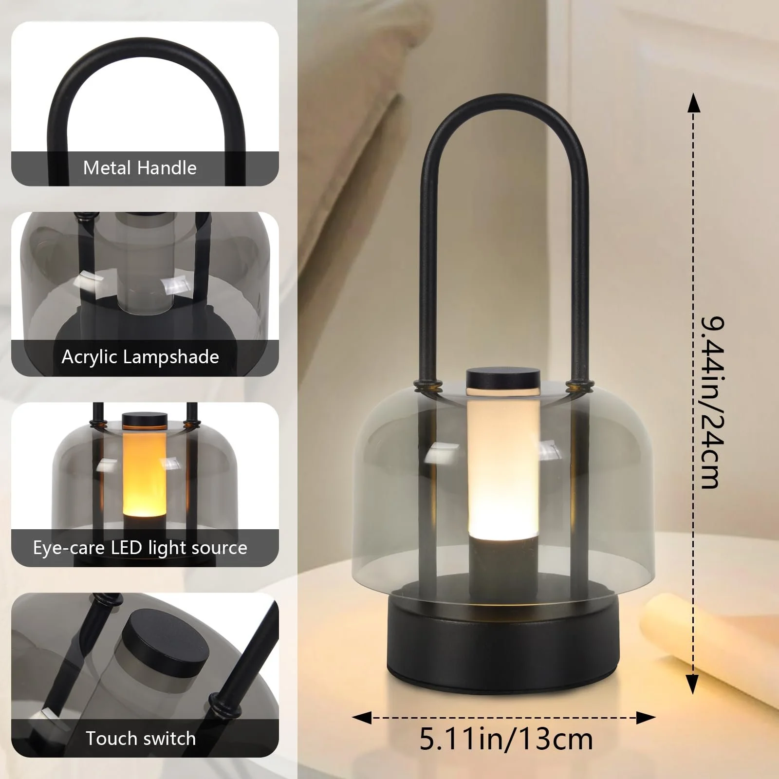 Настільна лампа LED бездротова на акумуляторі сенсорна димована USB Чорна, фото №5