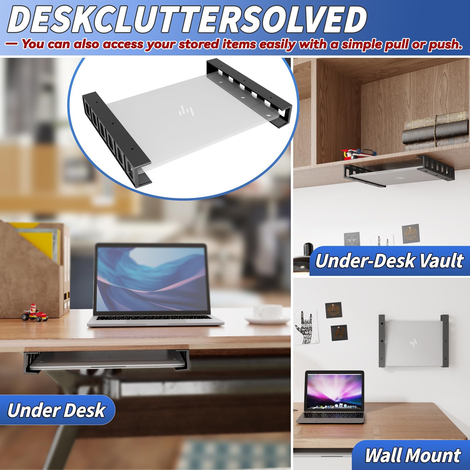 Крепление для ноутбука sciUu Подстольное/настенное многофункциональное место для хранения ноутбуков, планшетов, клавиатур, модемов, ТВ-приставок, органайзер для экономии места на столе и стене, для устройств <4 см толщиной, фото №4