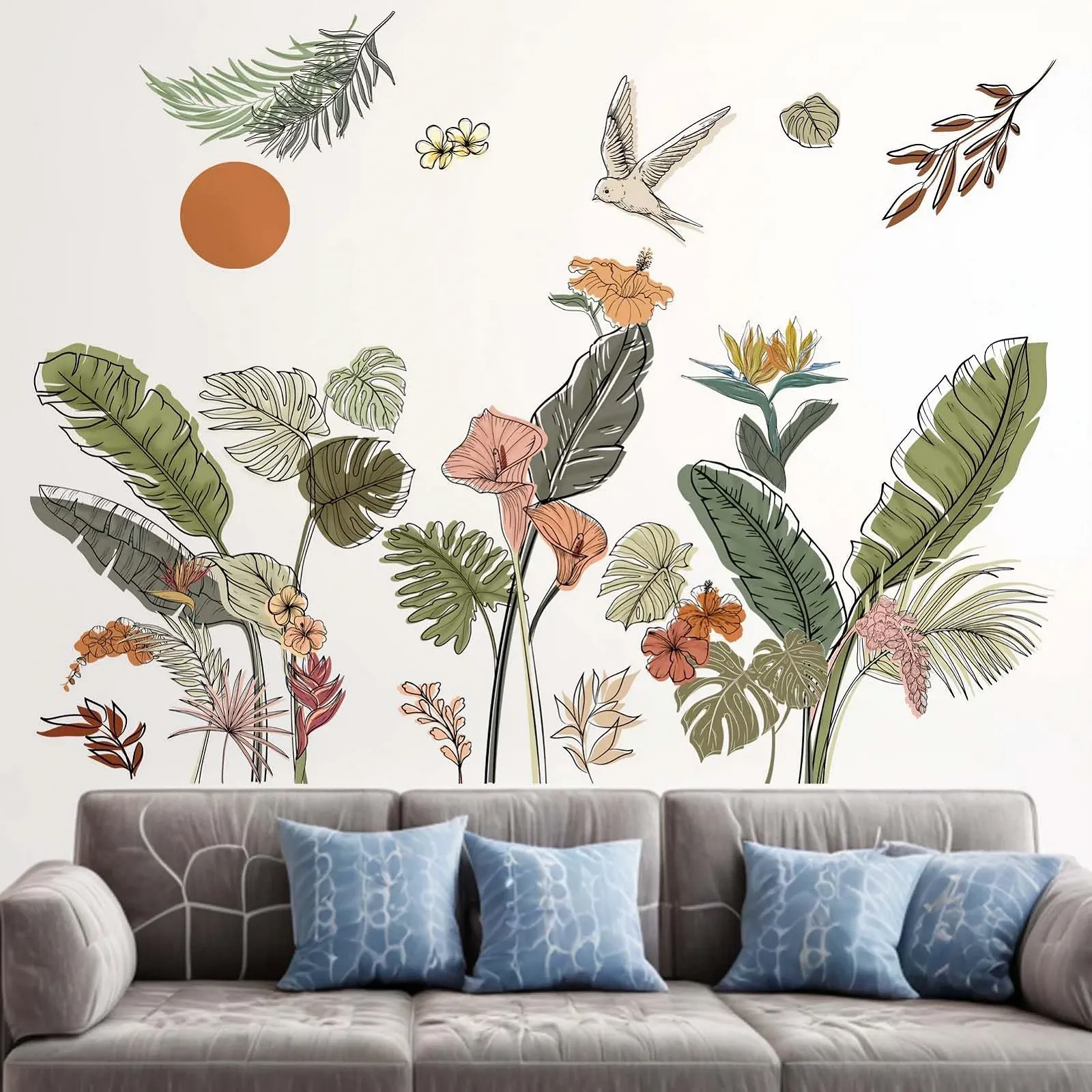 Наклейка на стіну Amimagen Boho Tropical Leaves Тропічне листя Зелені рослини Квіти, фото №2