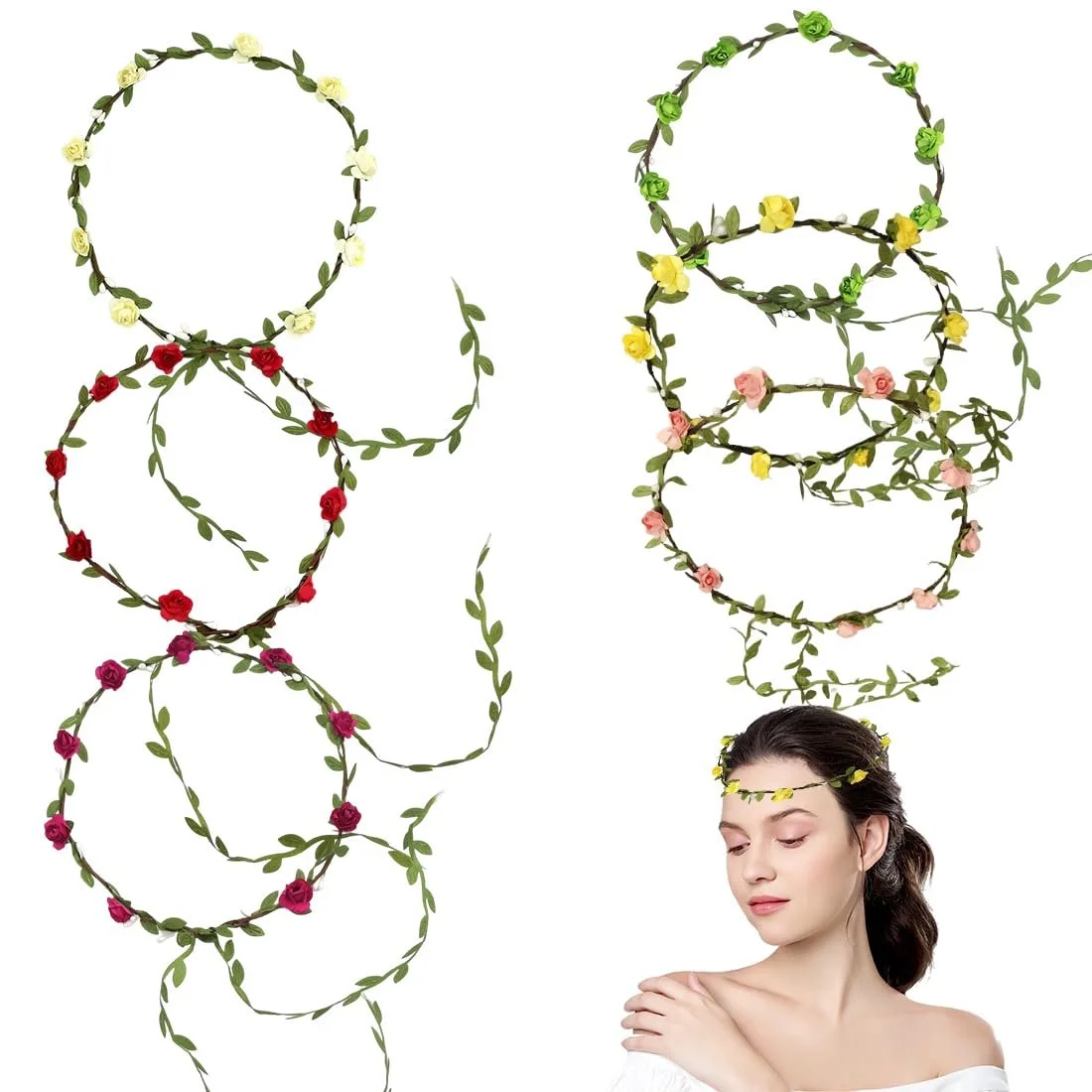 Вінок на голову у богемному стилі з квітами та листям, 6 штук, фото №1