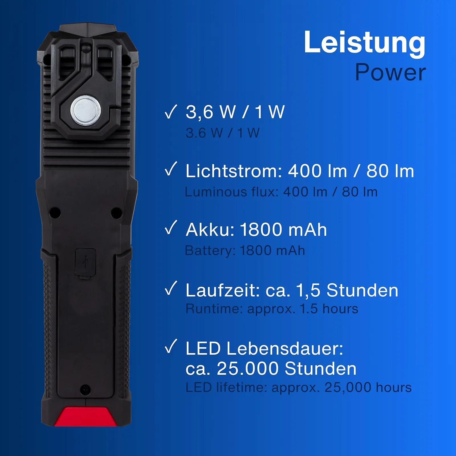 Ліхтар REV Світлодіодний робочий ліхтар - Компактна акумуляторна ручна лампа з магнітною основою 3600 та підвісним гачком, ідеально підходить для майстерні та автомобіля, чорний/червоний, фото №6