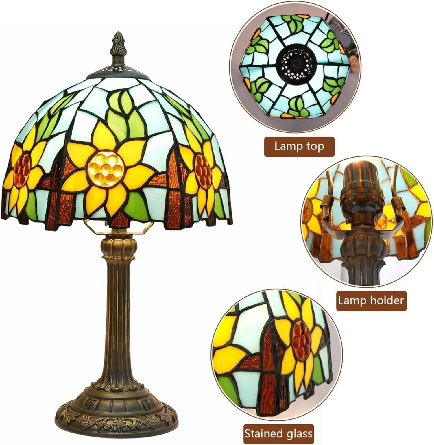 Настільна лампа Tiffany 20 см Вітражне скло Соняшник E27, фото №4