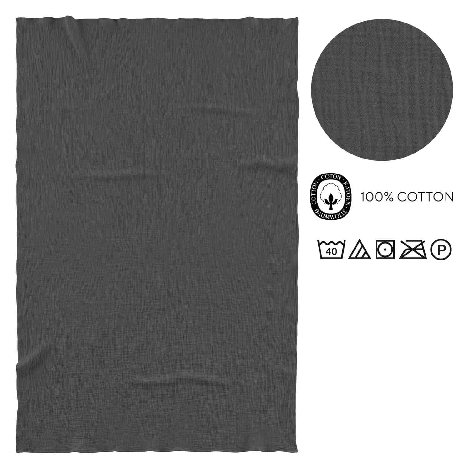 Покривало Муслін Sleezzz, 150 x 200 см, Легка літня Покривало зі 100% бавовни, Можна прати Чорний, фото №6