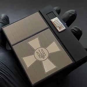 Портсигар на 20 сигарет с зажигалкой и электроприкуривателем HL-424 Black Brown Крест 15695 synthetic.ua - Фото 1