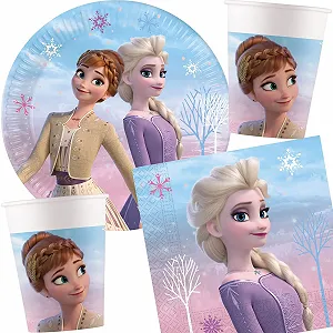 Набір посуду для вечірки Крижаний Вітер з тарілками, стаканами, серветками, прикрасами, без пластику, для дитячого дня народження Крижане серце Ельза Анна Олаф - Фото 1