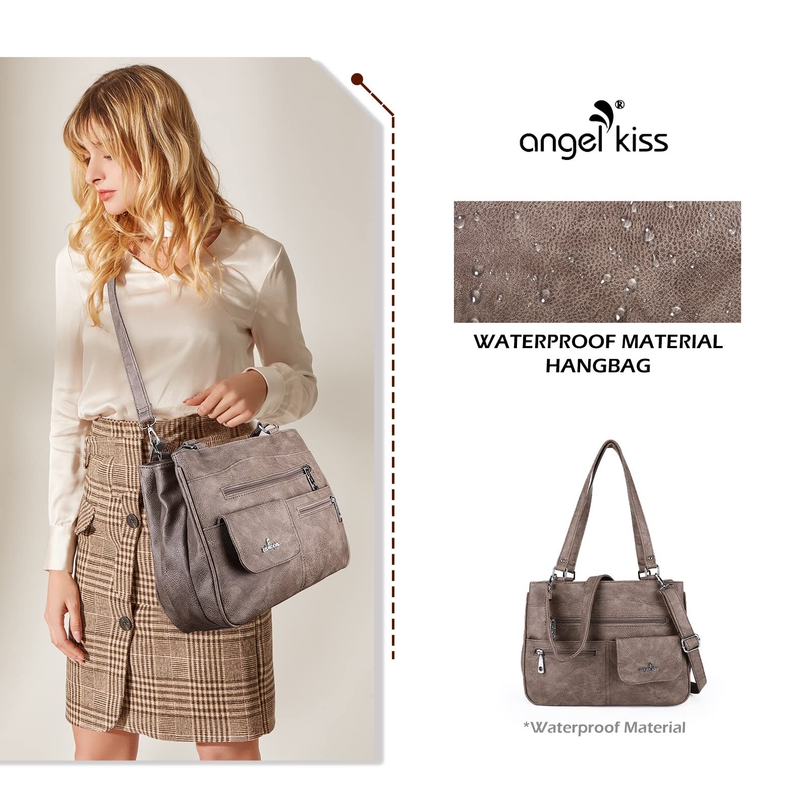 Сумка жіноча Angel Kiss шкіряна ручна/на плече, водонепроникна, багатофункціональна, велика, для роботи/навчання/шопінгу, Taupe, фото №4