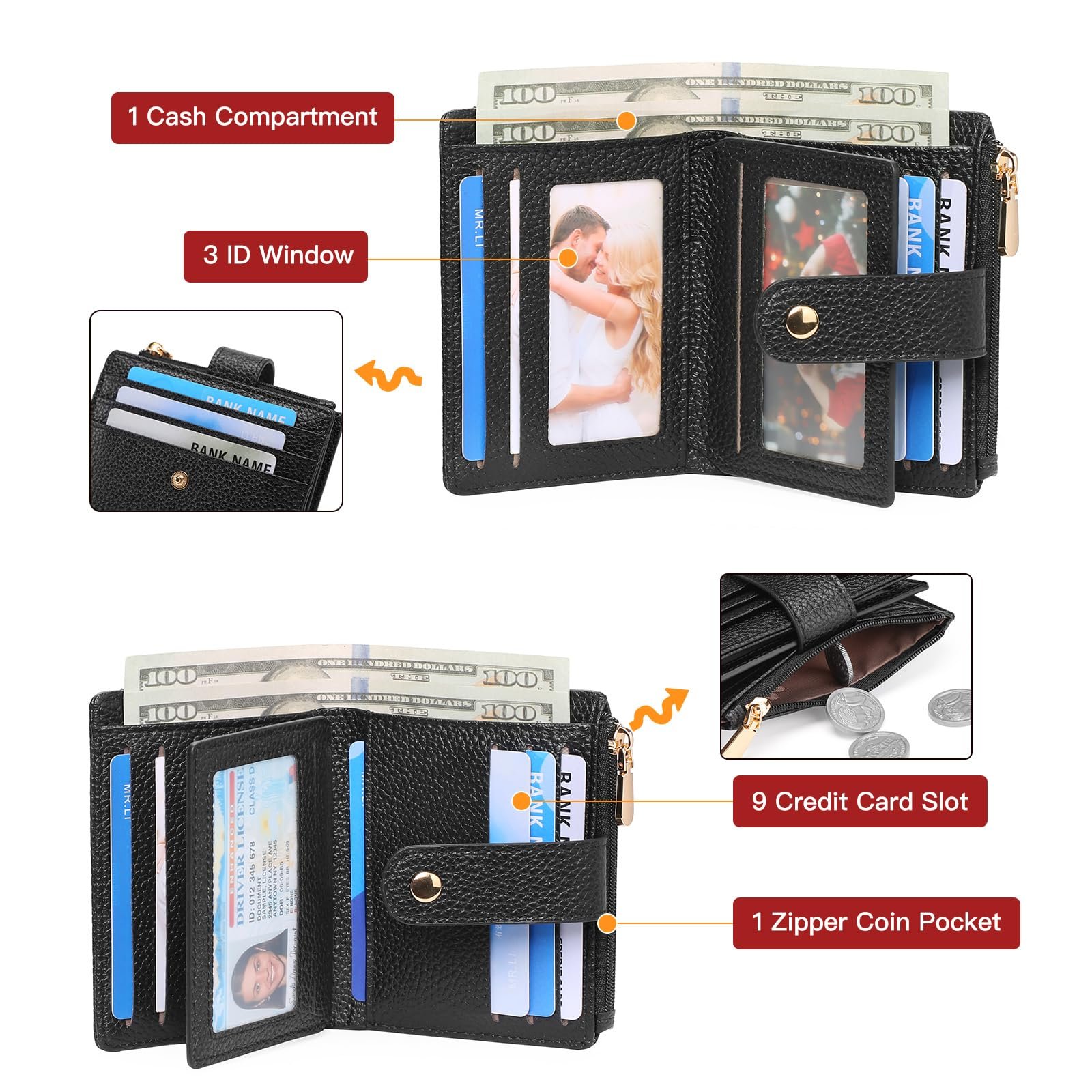 Кошелек GOIACII Женский Маленький Кожаный RFID Блокировка Тонкий Кошелек Малого и Короткого Формата для Женщин с Отделением на Молнии для Монет, A01-черный, Минималистичный, фото №3
