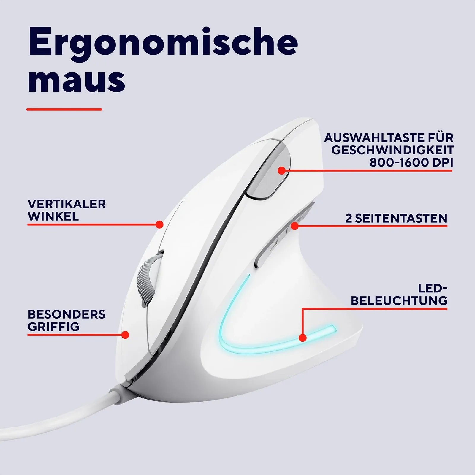 Мышь Trust Verto вертикальная, 1000/1600 DPI, LED подсветка, с кабелем для правшей, фото №2 Мышь Trust Verto вертикальная, 1000/1600 DPI, LED подсветка, с кабелем для правшей, фото №2