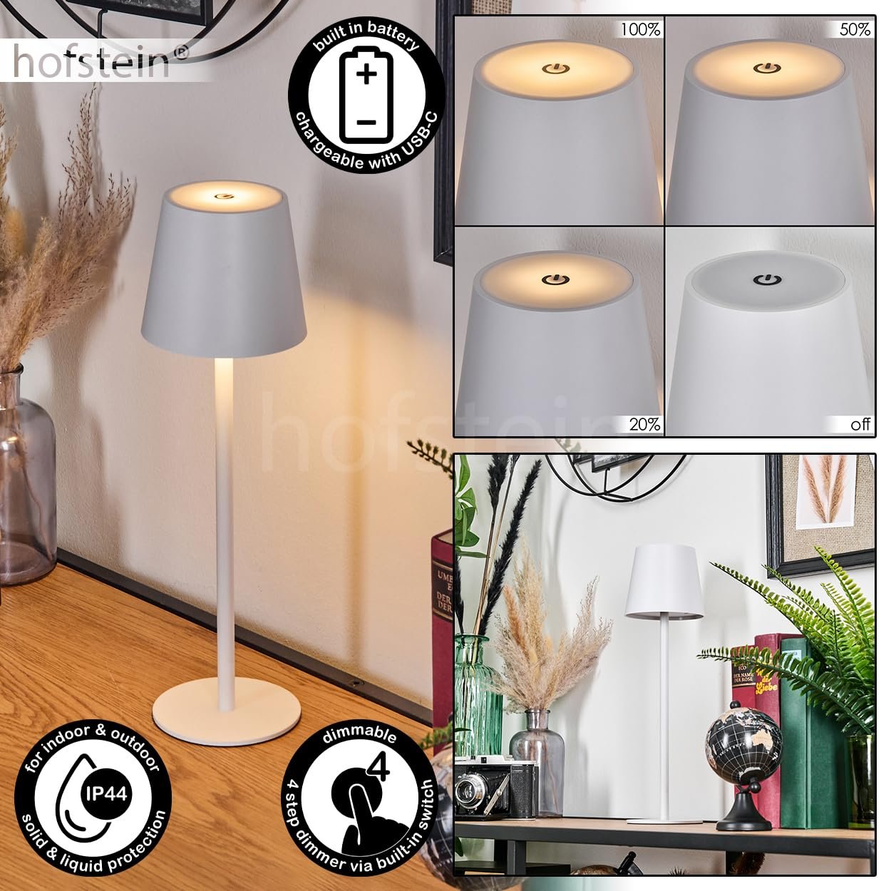 Настільна лампа Salgadinho LED метал/пластик сенсорна USB-C акумуляторна 3 Вт 300 лм 3000 K IP44 Біла, фото №2