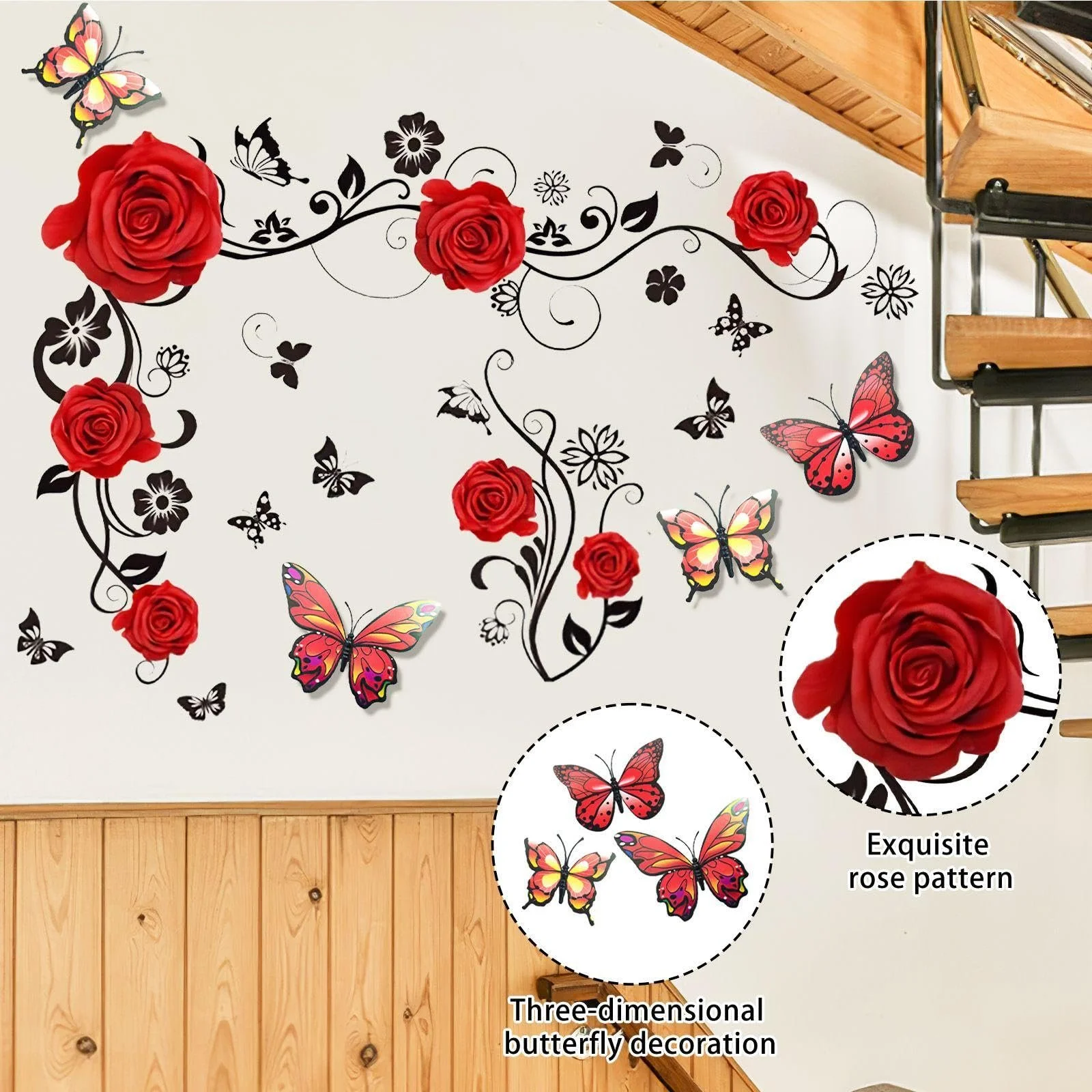 Наклейки на стіну eleer Троянда та 12 декоративних метеликів Червоно-чорні, фото №3