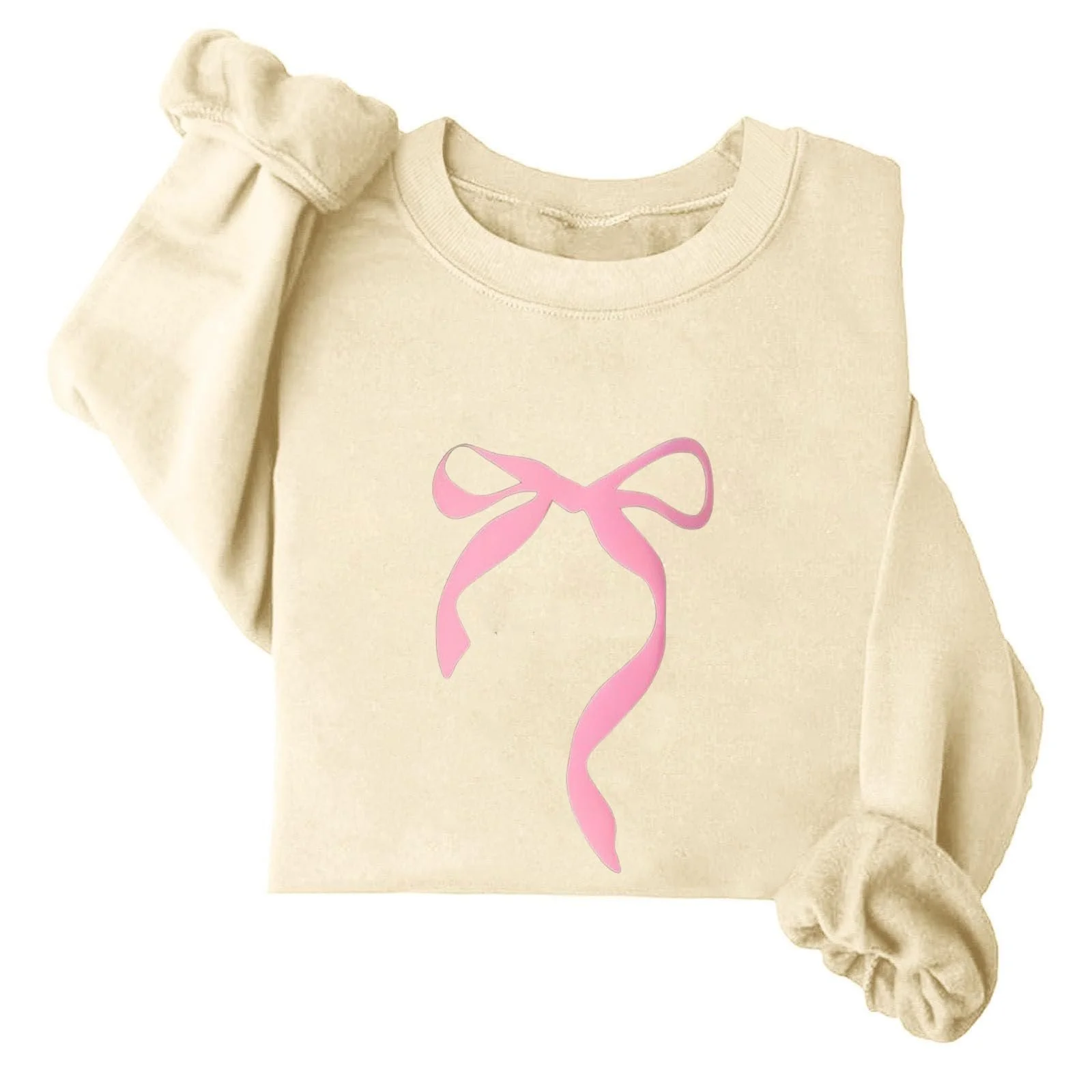 Женская толстовка Lemoiitea Весна Осень Круглый вырез Длинный рукав Стандартный крой Стильный узор с бантом Печатные блузы Пуловеры Туники Графические футболки, фото №4