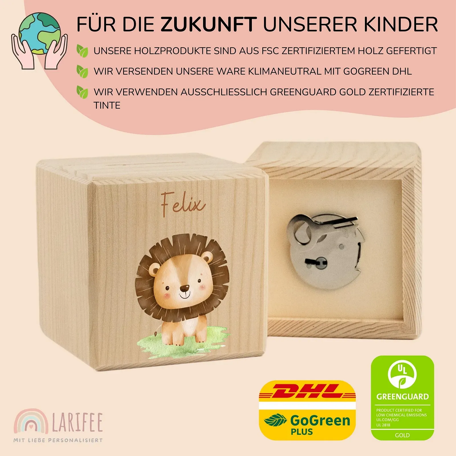 Копилка LARIFEE Lions Babyn деревянная с замком и ключом, фото №3