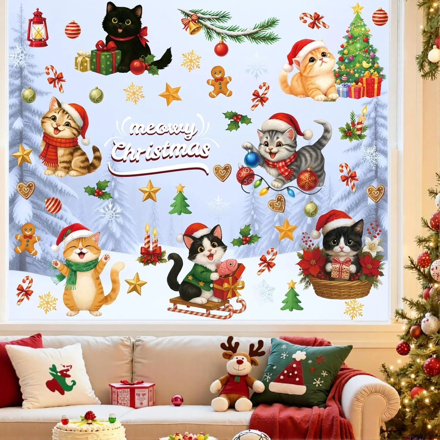 Наклейка на вікно CHDITB Meow Christmas Cat Window Stickers Vinyl, фото №1