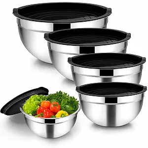 Набор мисок для смешивания Homikit 5 предметов с крышками Нержавеющая сталь 4.5/2.7/1.5/1.2/0.7 л Черный - Фото 1
