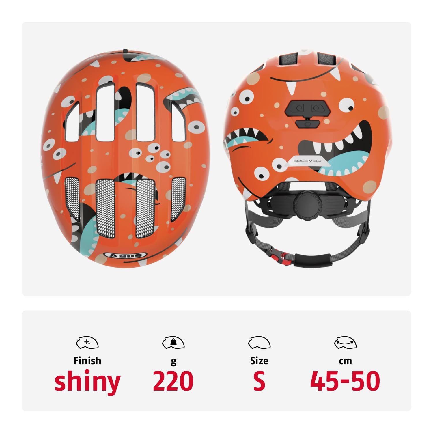 Шолом велосипедний дитячий ABUS Smiley 3.0, помаранчевий з малюнком монстра, розмір S, 45–50 см, фото №3