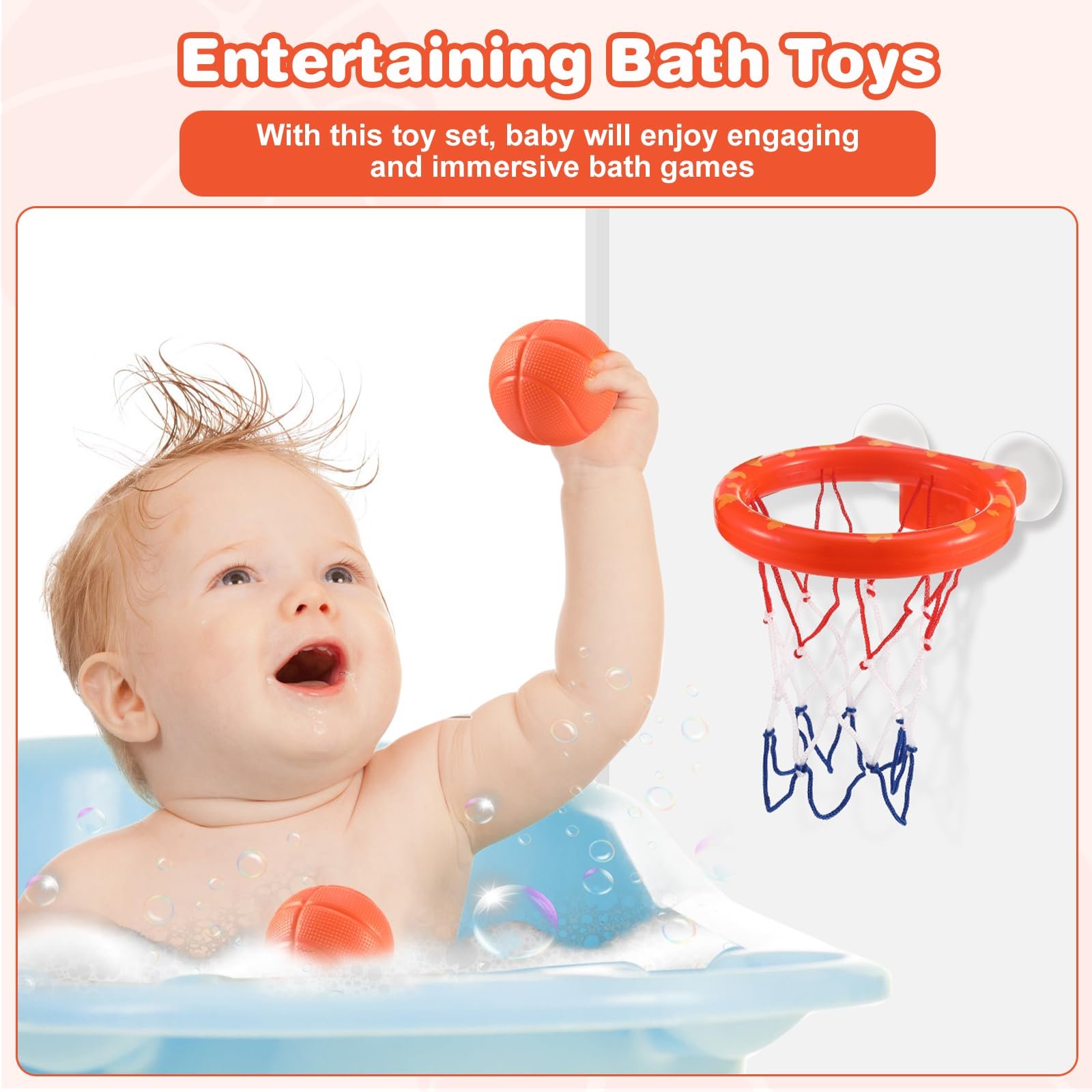 Іграшка для ванни: 5 м'ячів без отворів + баскетбольне кільце з міцною присоскою, фото №4