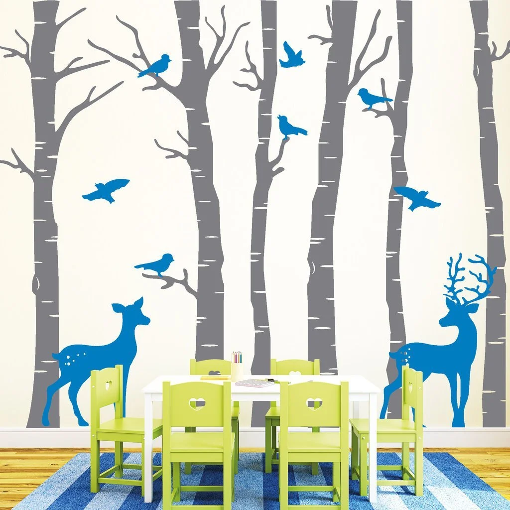 Наклейка на стену Wandtattoo-Loft Ствол березы с оленями и птицами 2 цвета 2 размера, фото №4