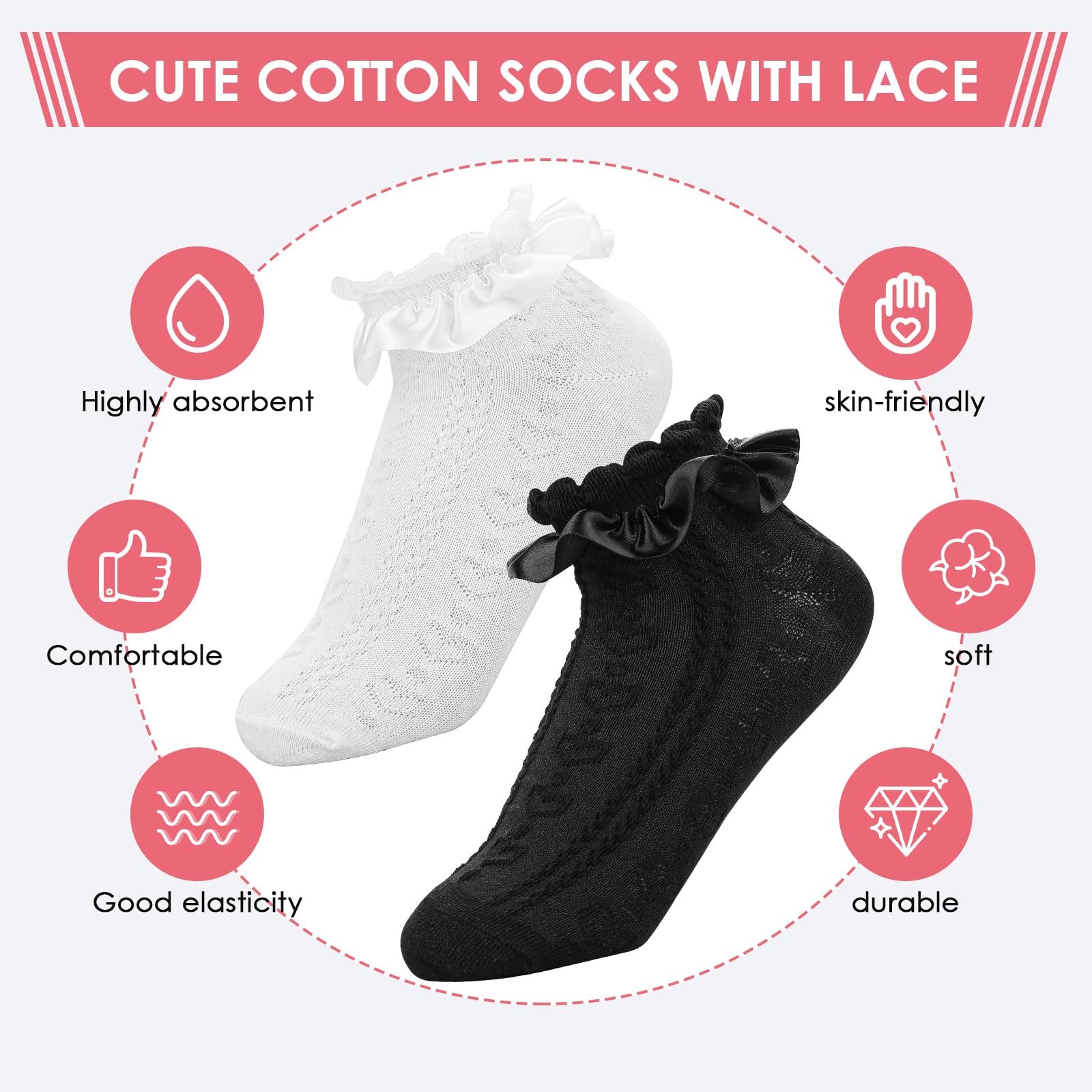 Шкарпетки з мереживними оборками 2 пари Бавовняні шкарпетки з оборками та стрічковою обробкою для жінок, фото №2