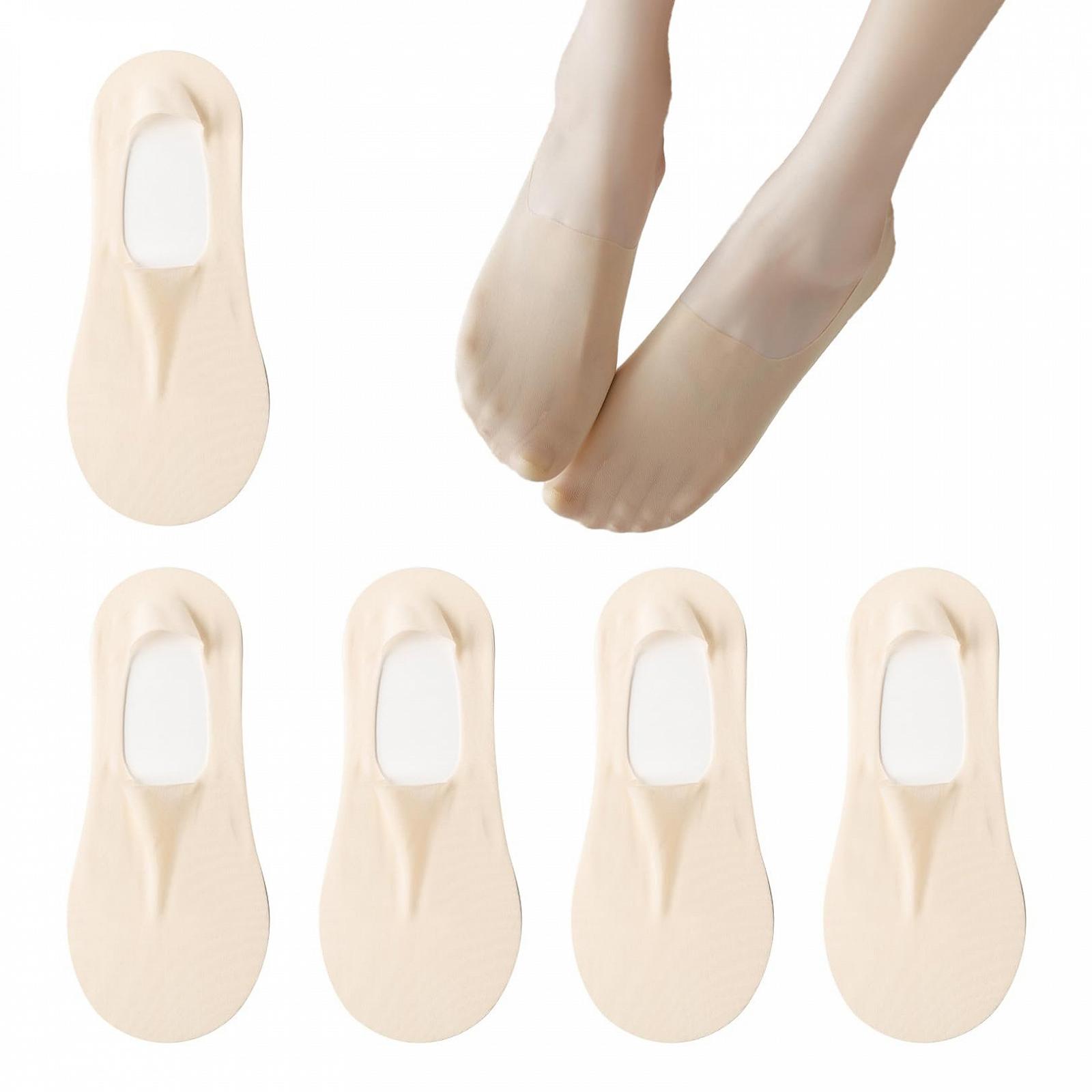Набор из 5 пар женских носков-балеток, невидимые носки, женские носки размера 35-38, балетки, шелковые чулки, женские нескользящие полуноски, из ледяного шелка, хлопковые, нескользящие, тонкие, невидимые, низкие, телесного цвета, фото №1