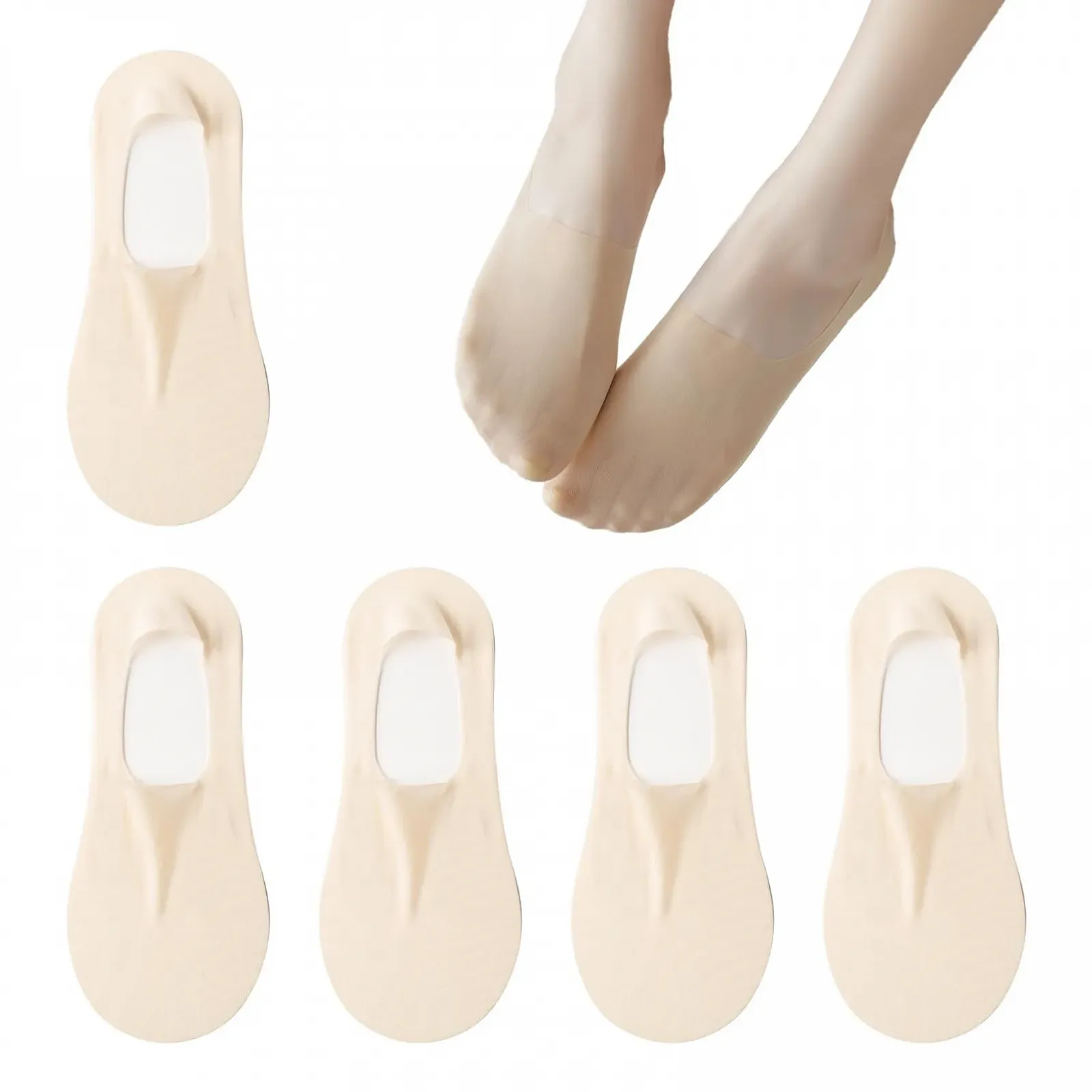 Набор из 5 пар женских носков-балеток, невидимые носки, женские носки размера 35-38, балетки, шелковые чулки, женские нескользящие полуноски, из ледяного шелка, хлопковые, нескользящие, тонкие, невидимые, низкие, телесного цвета, фото №1