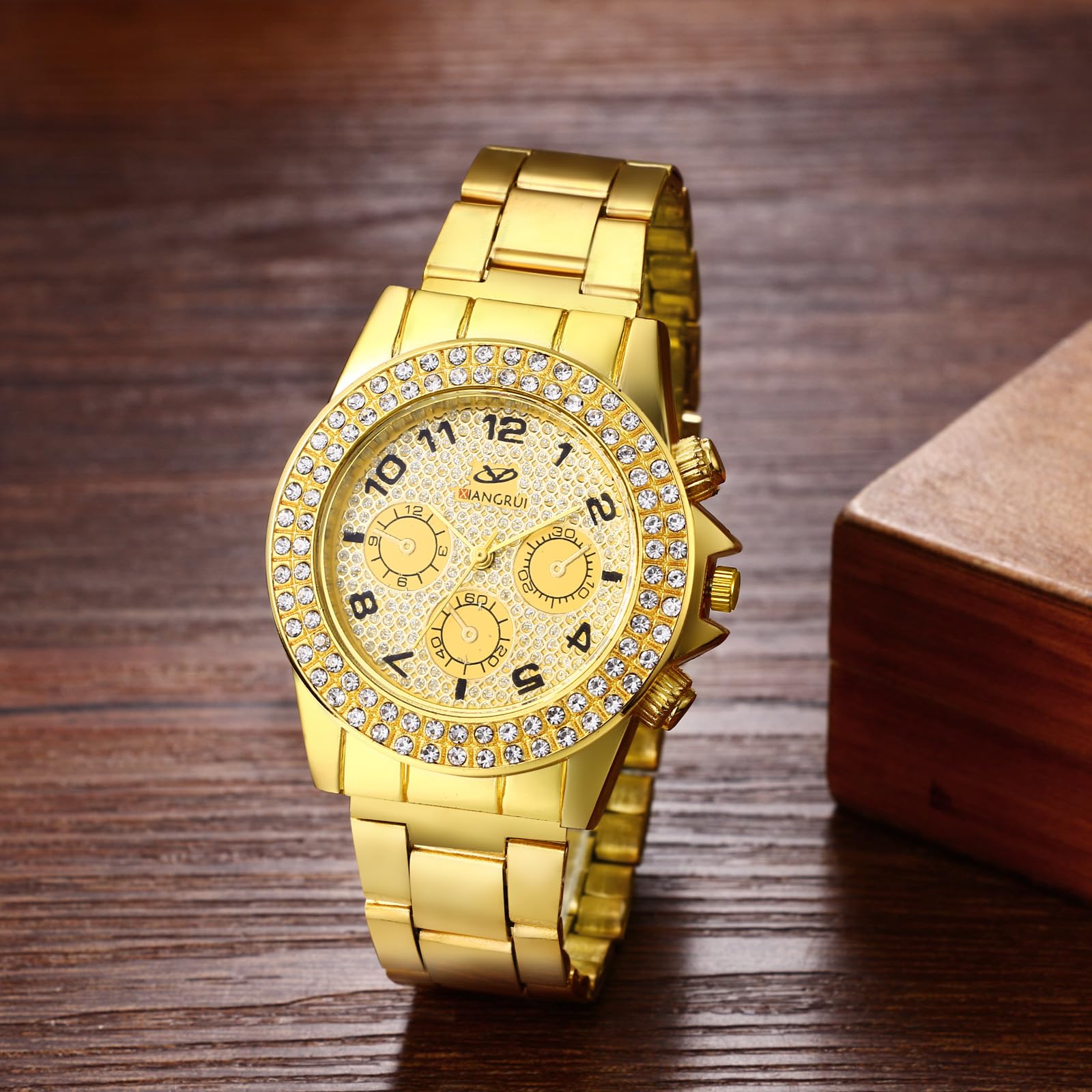 Часы Avaner Watches Couples Gold Женские часы с кристаллами Кварцевые аналоговые с арабскими цифрами Золотые, фото №2