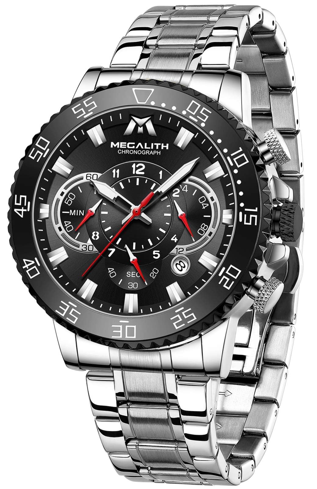 Годинник MEGALITH Чоловічий Хронограф Кварцовий 45 мм З Нержавіючої Сталі Великий Водонепроникний Світний Календар Сріблястий A0 Сріблястий Чорний Японія, фото №1