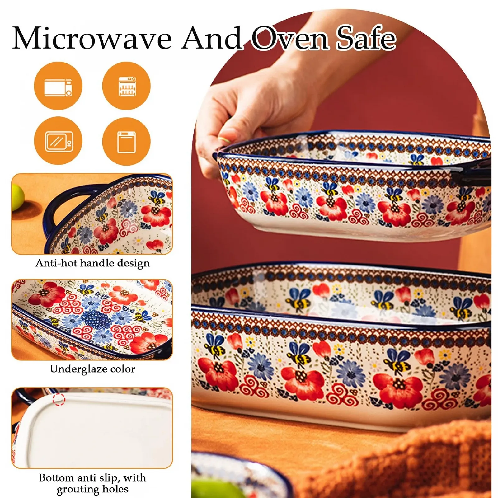 Форма для запекания керамическая термостойкая с двумя ручками цветочный принт 730 мл, фото №3