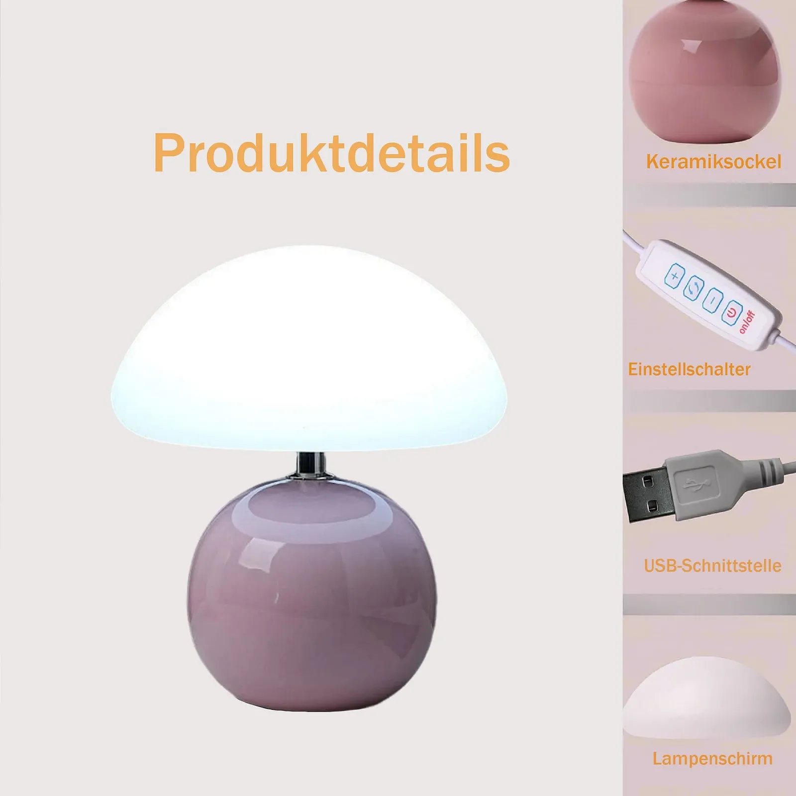 Настільна лампа UUE Mushroom світлодіодна скляна з керамічною основою Рожевий, фото №3