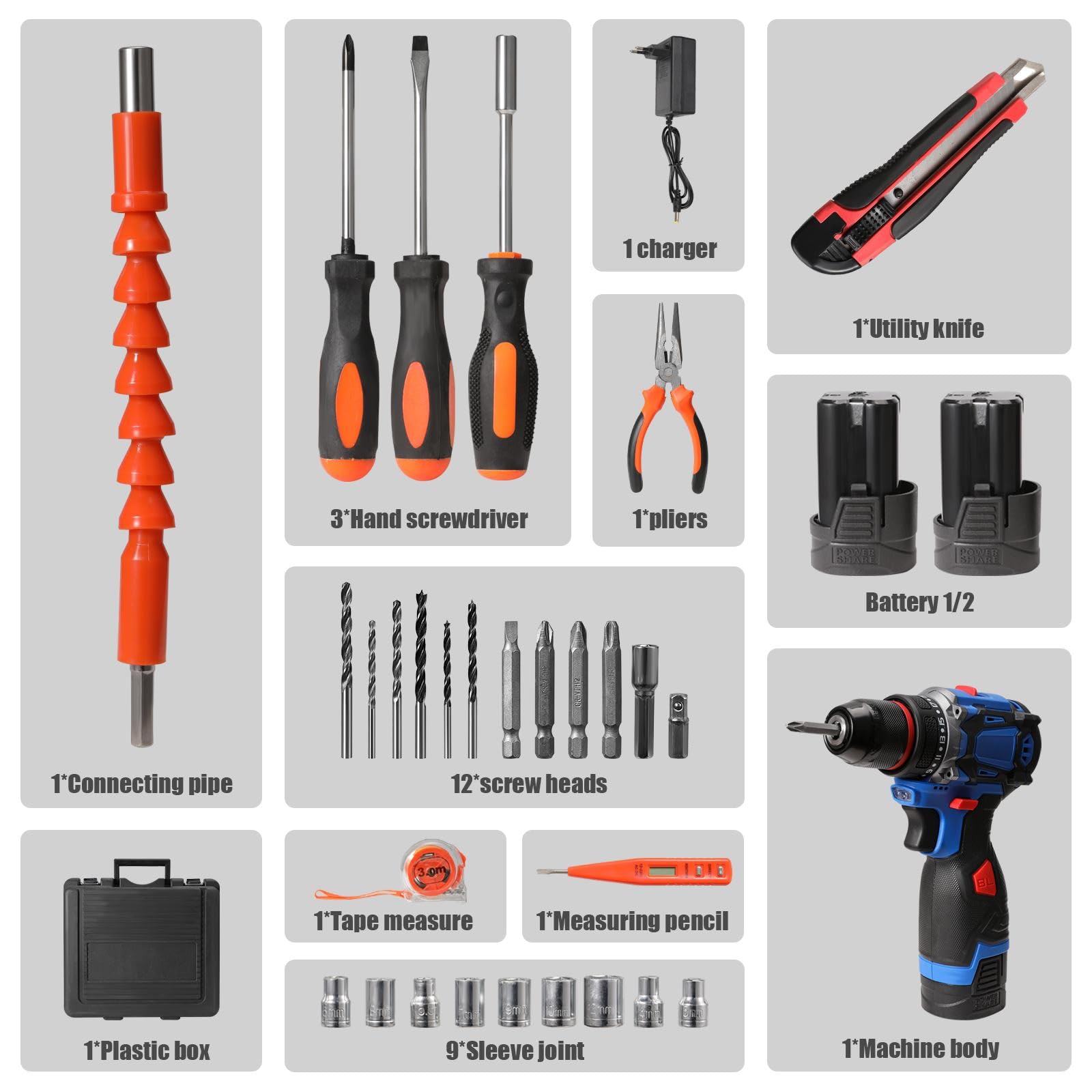 Дрель Cordless Cordless Screwdriver 16.8V 50Nm 25+3 скоростных режима 2 скорости LED 31 аксессуар и кейс DIY, фото №7