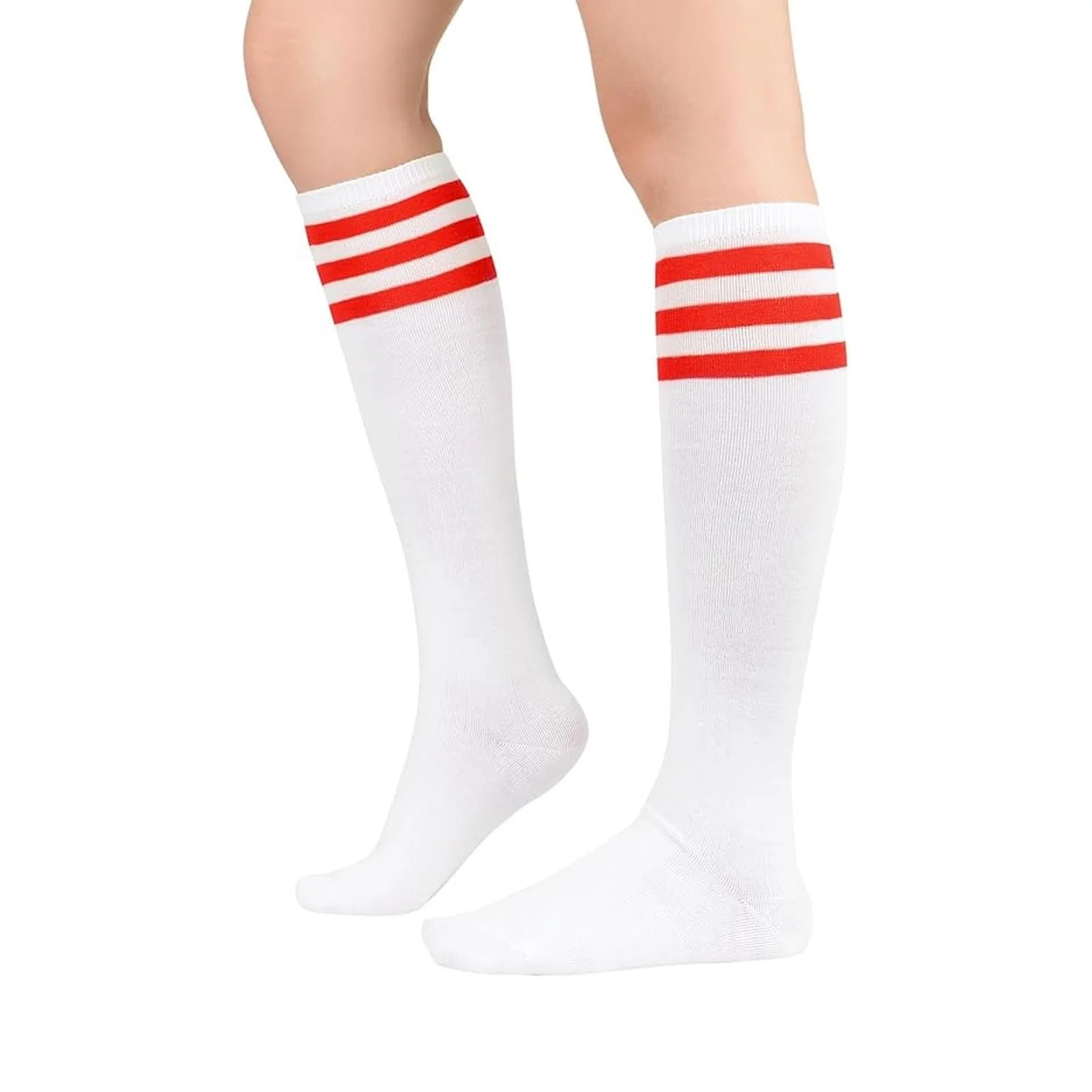 Жіночі високі шкарпетки Білий фон з червоними смужками, фото №2