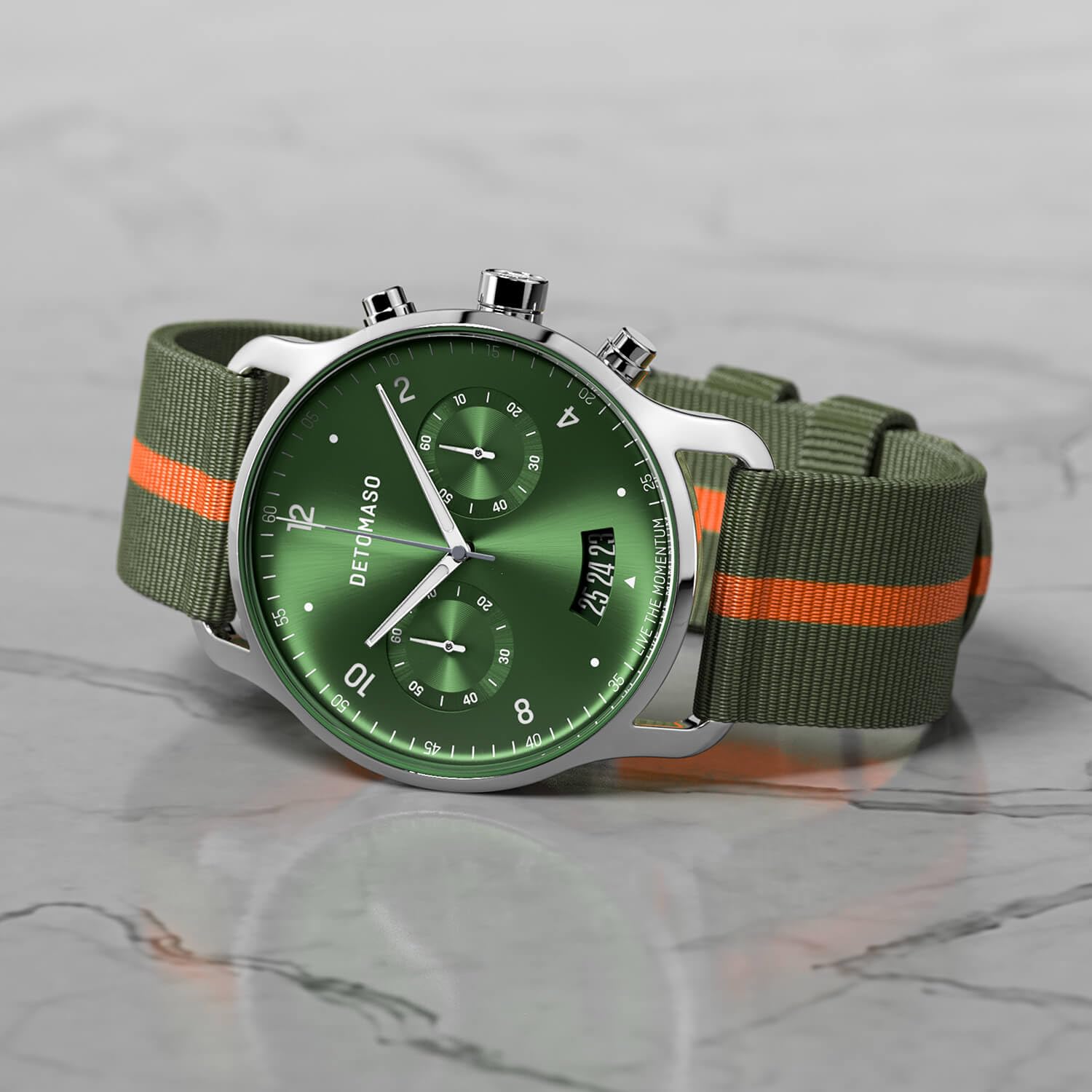 Годинник DeTomaso Sorpassso Chrono Le Silver Green Чоловічий Аналоговий Quartz Браслет із #tide Ocean Material® Оливково-помаранчевий сріблястий, фото №2 Годинник DeTomaso Sorpassso Chrono Le Silver Green Чоловічий Аналоговий Quartz Браслет із #tide Ocean Material® Оливково-помаранчевий сріблястий, фото №2