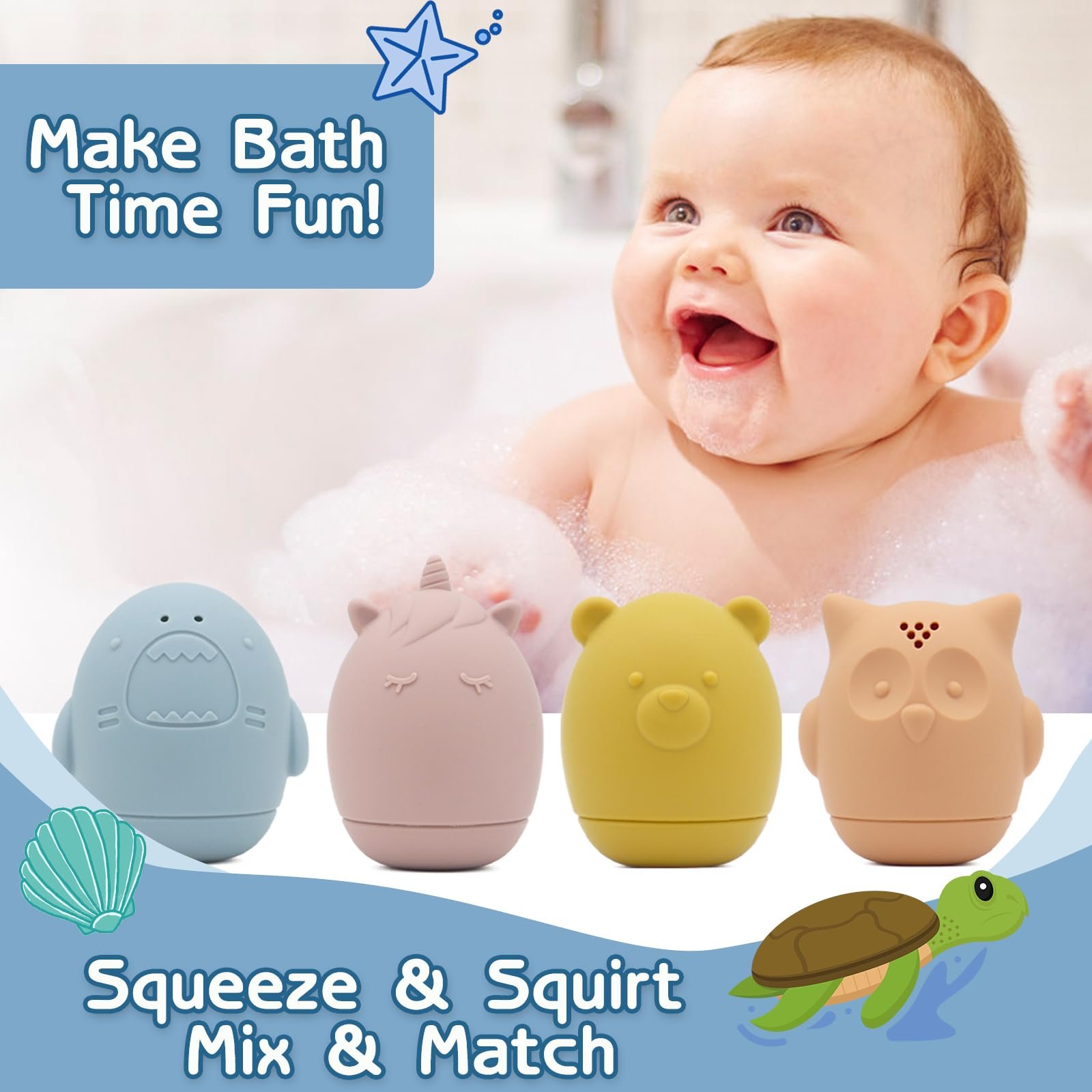 Набор игрушек для ванны: 4 брызгающиеся животные + 5 челноков из безопасного силикона, фото №7