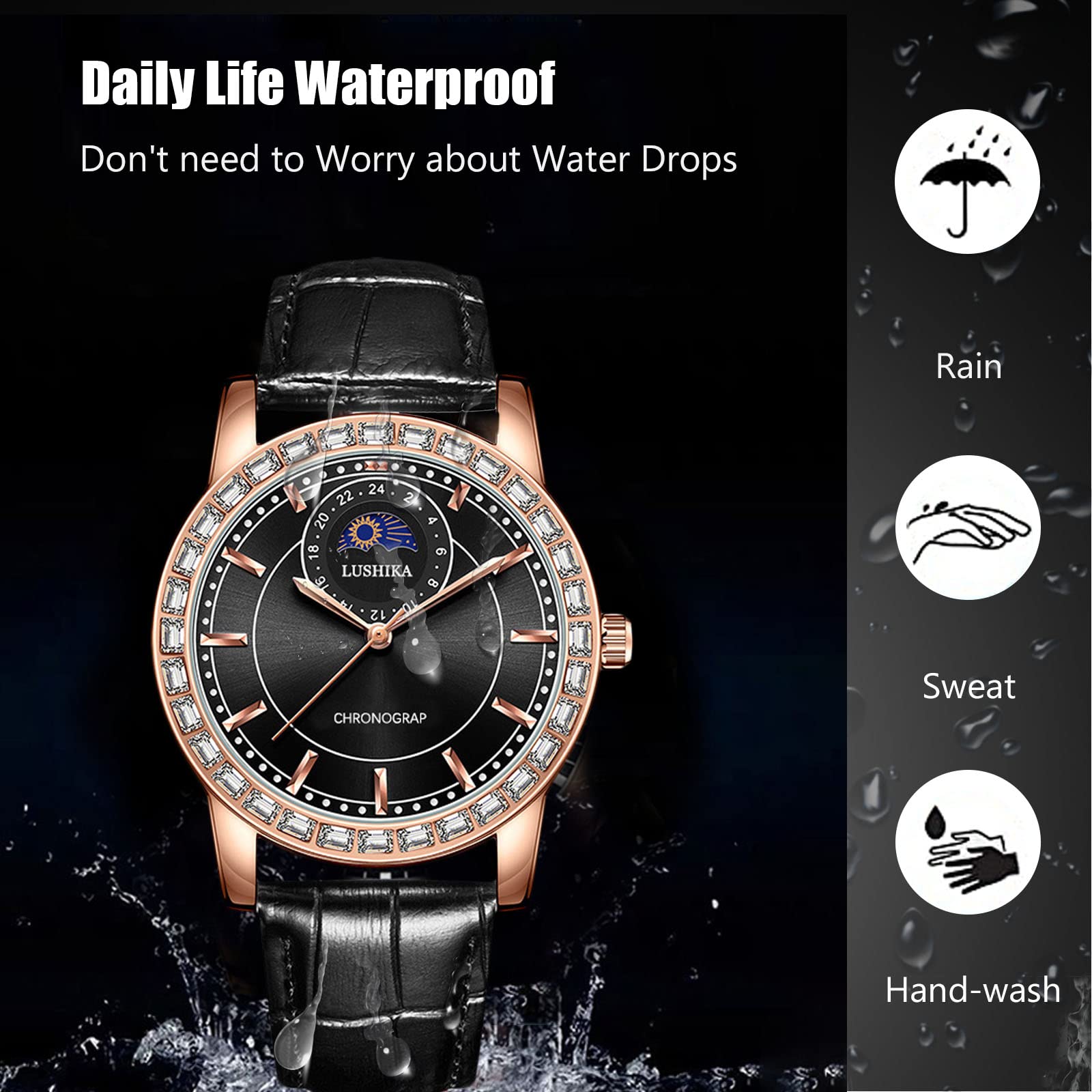 Часы rorios Мужские Аналоговые Кварцевые Бизнес Люминесцентные Водонепроницаемые Алмазный Циферблат Кожаный Ремешок Фазы Луны, фото №6