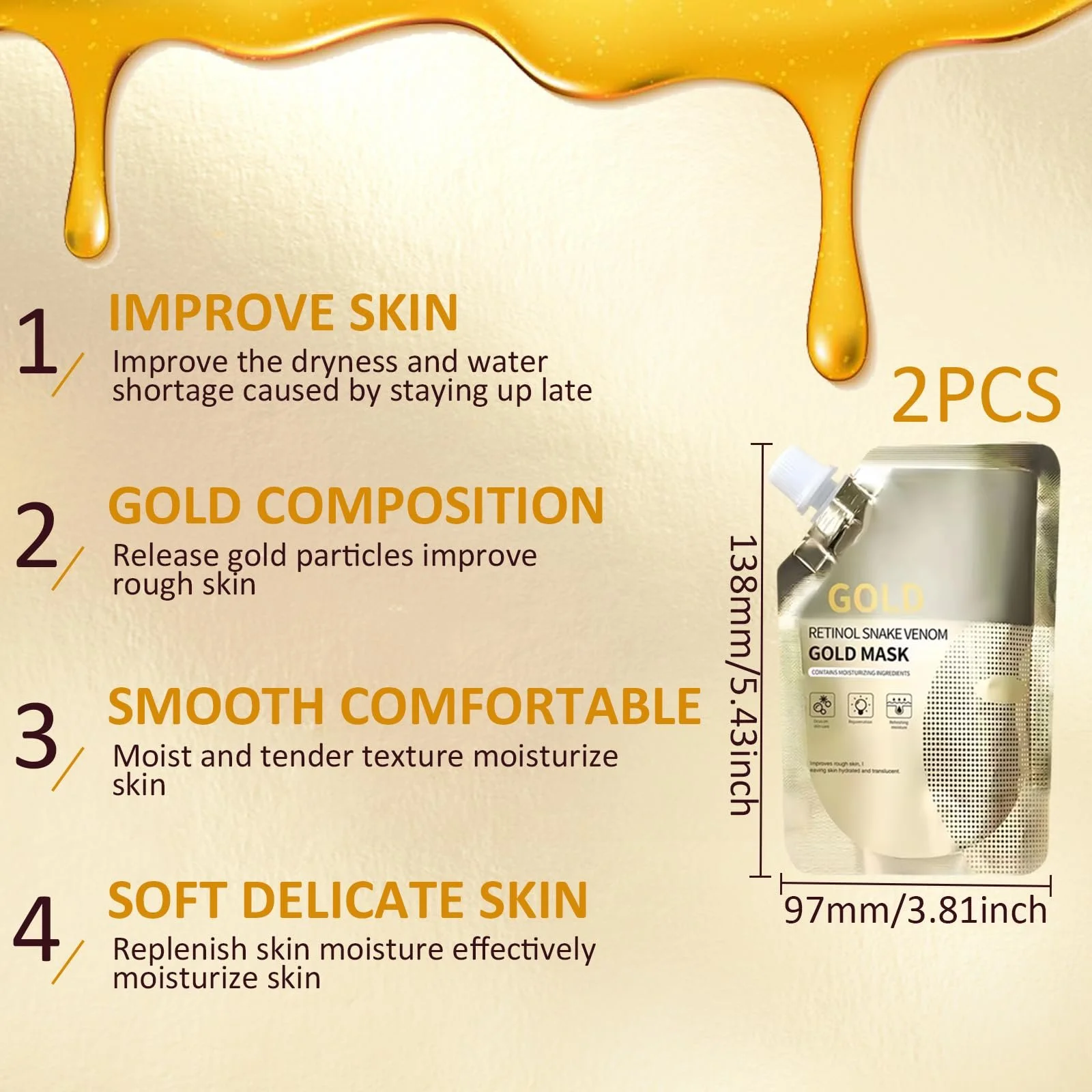 Набор масок для лица Змеиный пептидный золотой Venum, ретинол, змеиные пептиды, золотая маска для лица, укрепляющая маска для лица, антивозрастные маски для лица, золотой коллагеновый пилинг-маска для глубокой очистки, 2 шт по 100 мл, фото №3