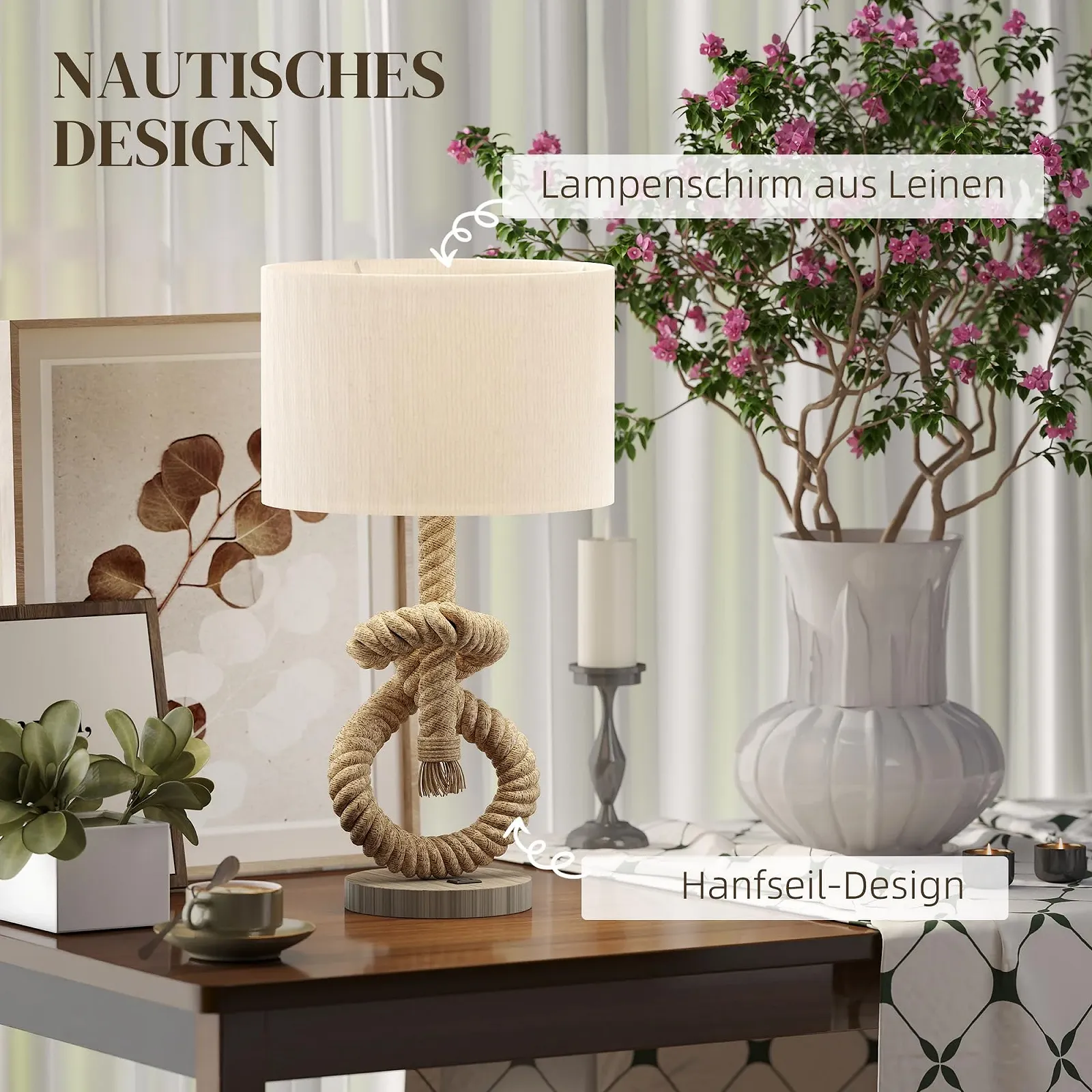 Настільна лампа HOMCOM LED USB E27 Тканинний абажур Кремовий білий, фото №3