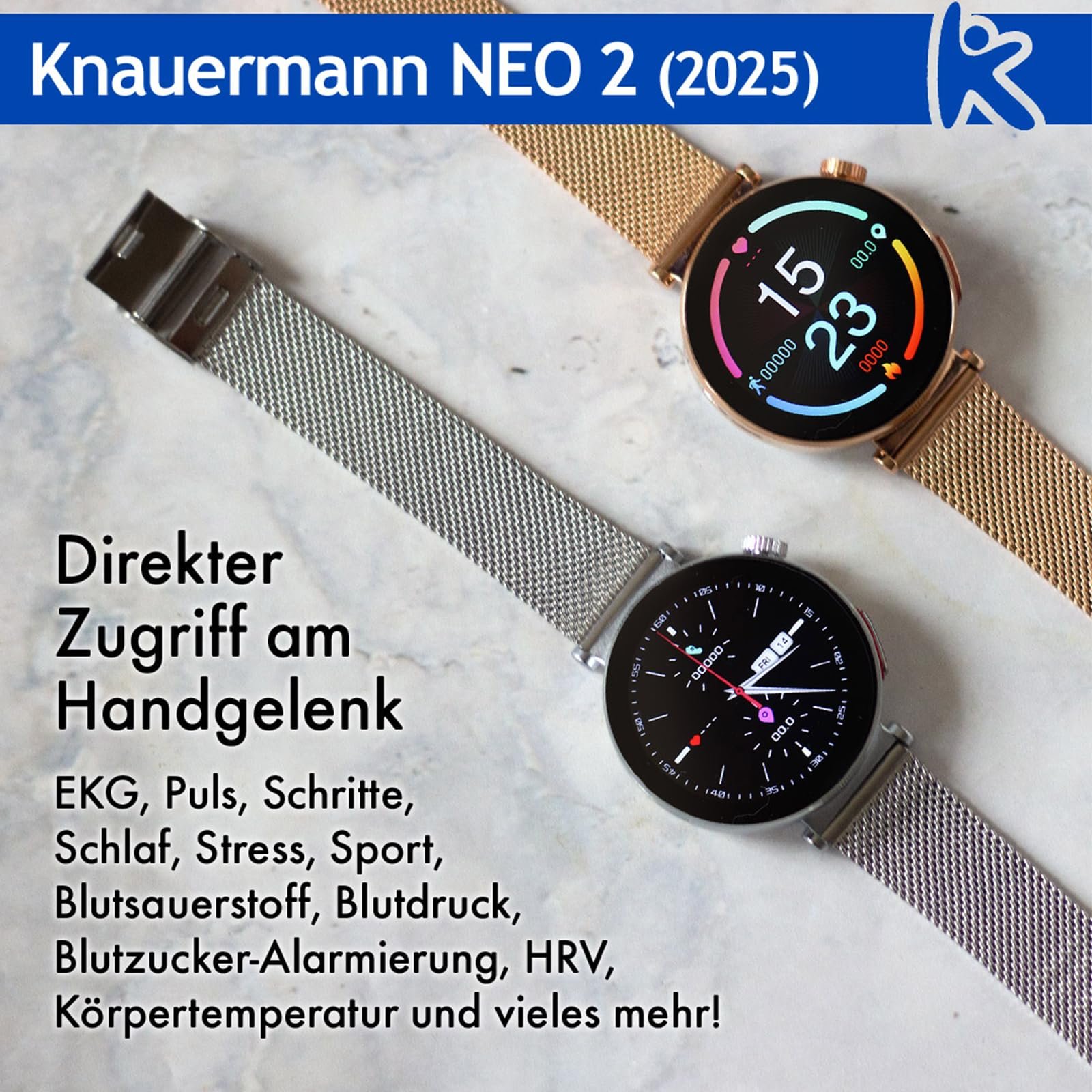 Смарт-часы Knauermann Neo 2 (2025) Золотые Круглые, Функции ЭКГ + ВСР, BT Bluetooth, Апноэ во сне, Измерение артериального давления, фото №5