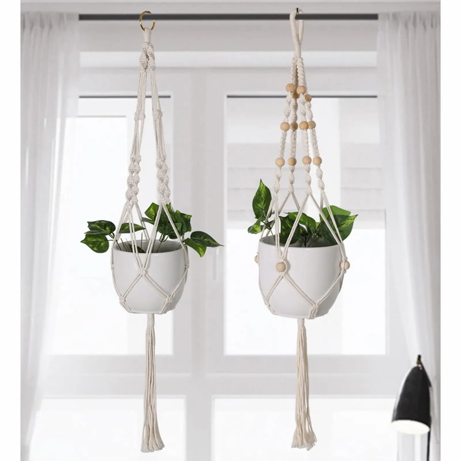 Подвесная корзина макраме Хлопковая веревка с бусинами и кисточками Бежевый 104 см, фото №7
