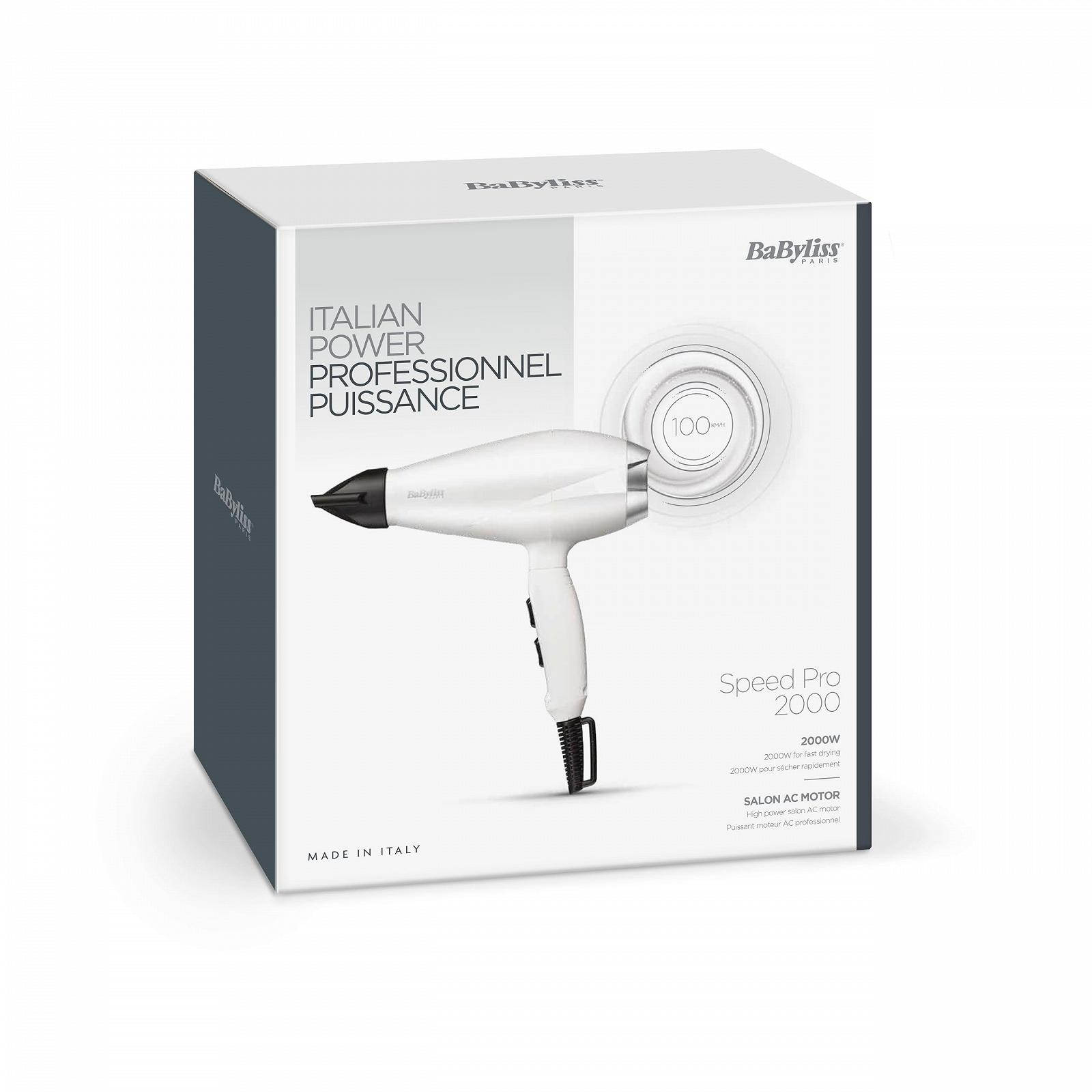 Фен BaByliss Speed Pro 2000 Вт, профессиональный AC, сделано в Италии, легкий, с ионной технологией против завивки, 3 температурных и 2 скоростных режима, белый, фото №9