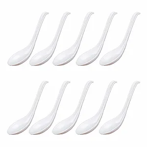 Набор азиатских суповых ложек 10 шт, Меламиновые азиатские суповые ложки с длинной ручкой и крючком, Пластиковые ложки с длинной ручкой, Можно использовать в домашнем ресторане, кухне Белый цвет - Фото 1