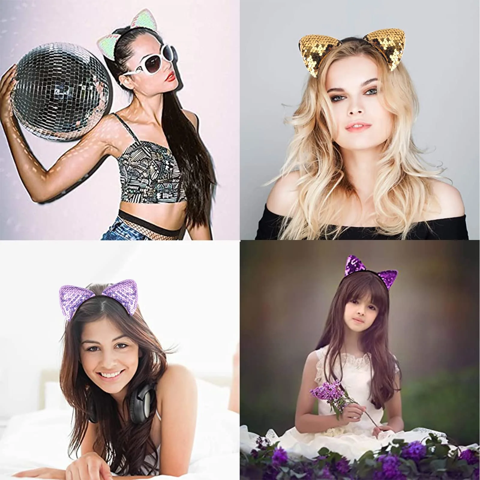 Обруч Вушка кота з блискітками, Набір з 8 штук, фото №4 Обруч Вушка кота з блискітками, Набір з 8 штук, фото №4