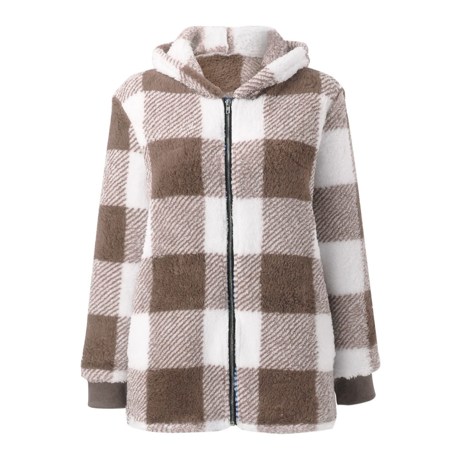 Жіноче плюшеве пальто з довгими рукавами, картатий, фото №3