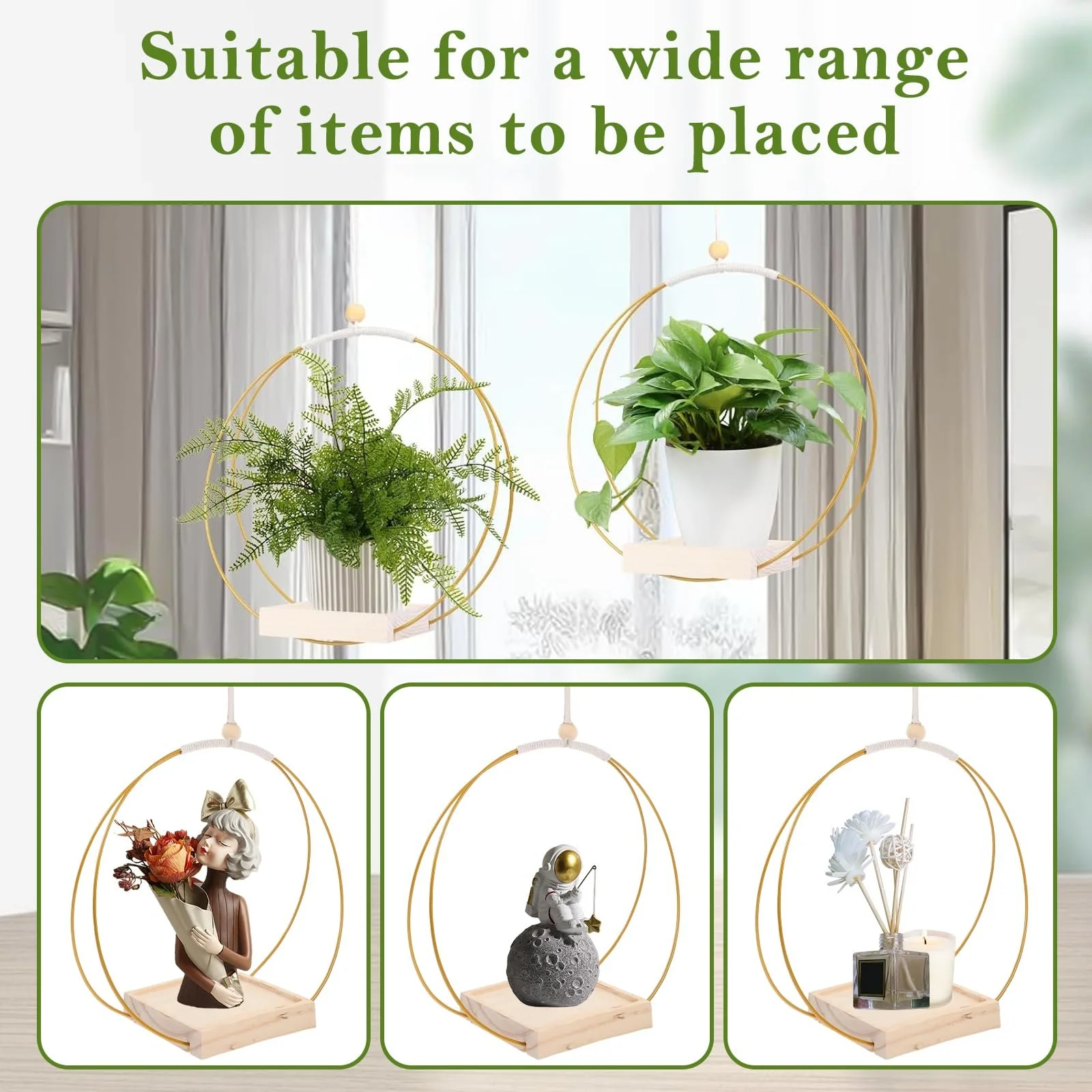 Подвесной вазон Металлическое кольцо с деревянным основанием 30 x 30 см Золотой, фото №5