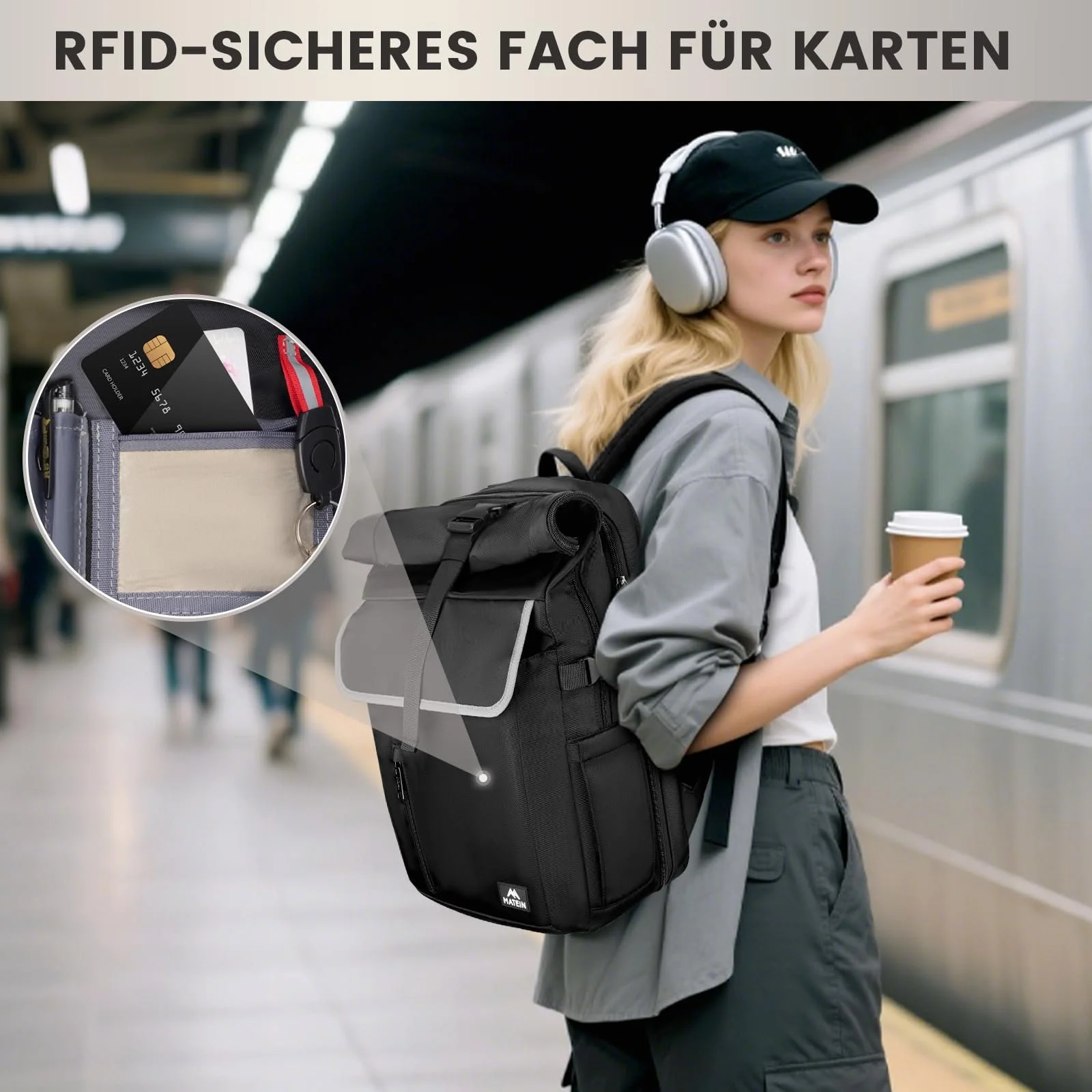 Рюкзак для ноутбука MATEIN Rolltop Мужской Водонепроницаемый 36 л 17.3 дюйма с USB и RFID Черный, фото №5 Рюкзак для ноутбука MATEIN Rolltop Мужской Водонепроницаемый 36 л 17.3 дюйма с USB и RFID Черный, фото №5