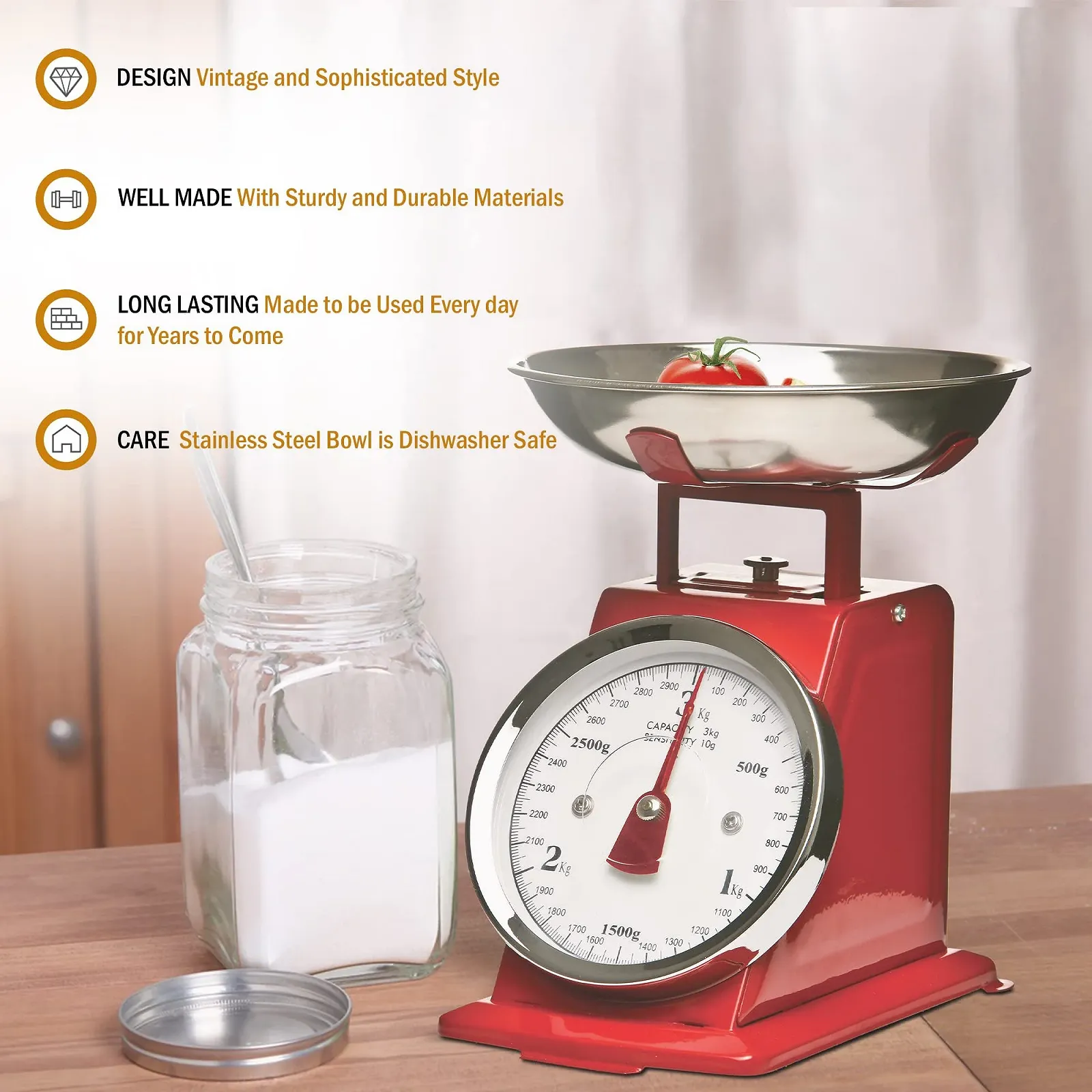 Кухонні ваги Premier Housewares Retro 3 kg з чашею Нержавіюча сталь Red, фото №5 Кухонні ваги Premier Housewares Retro 3 kg з чашею Нержавіюча сталь Red, фото №5
