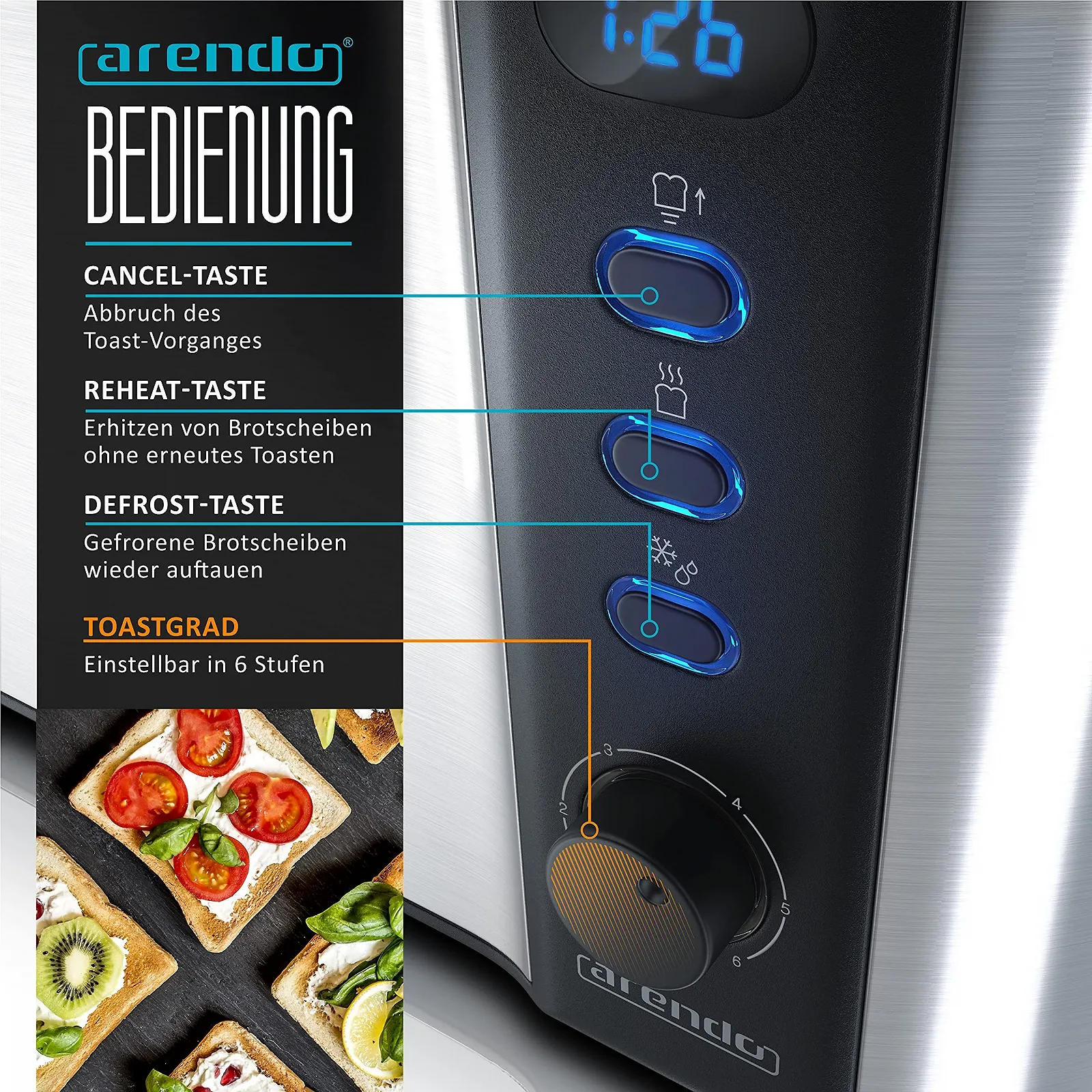 Тостер Arendo Frukost з довгим слотом, функцією розморожування, термоізольованим корпусом з подвійними стінками, автоматичним центруванням хліба, насадкою для булочок, висувним піддоном для крихт, сертифікований GS., фото №3